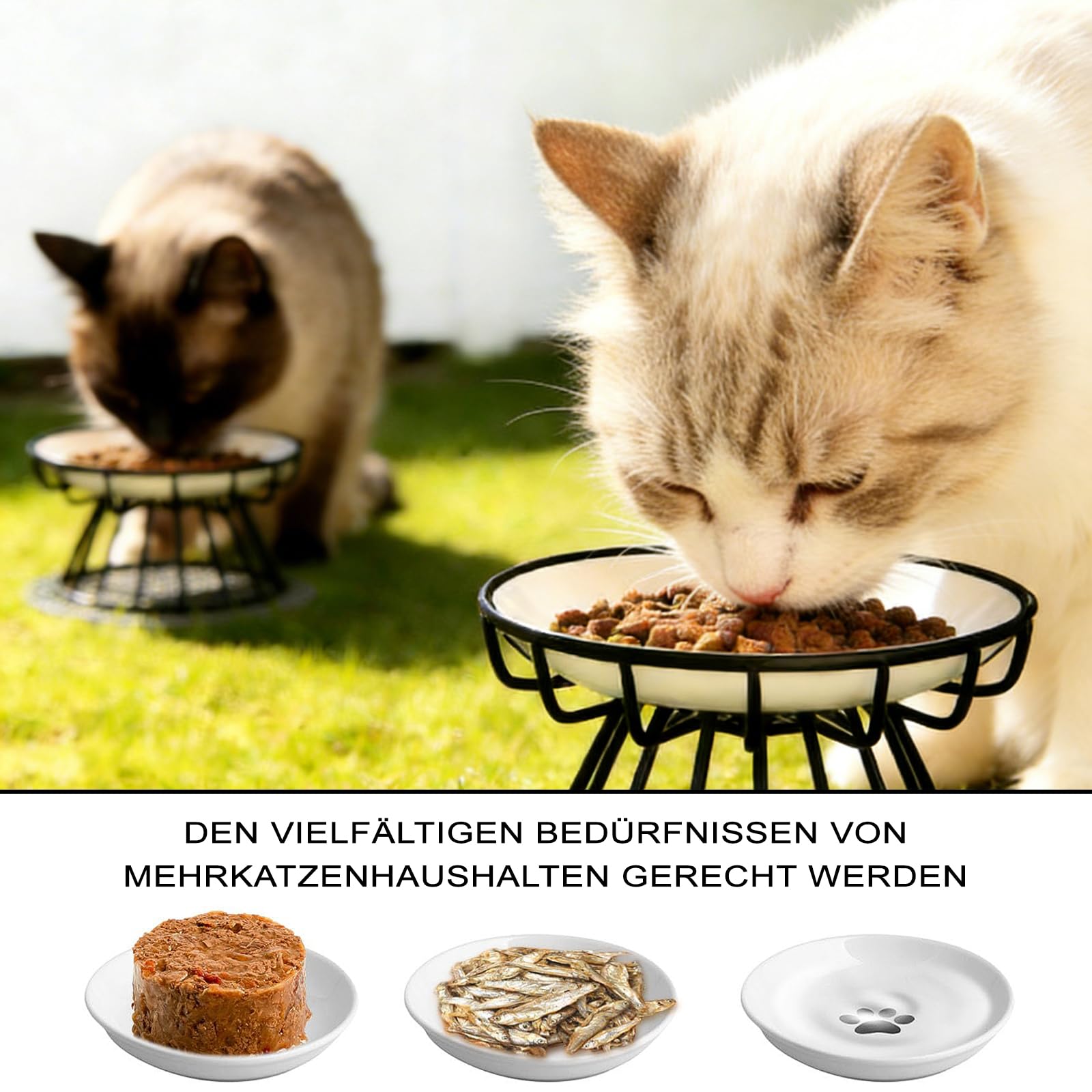 Ceramiczna miska dla kotów, miska na karmę dla kotów, biała, płaska, szeroka miska na karmę, okrągła ceramiczna miska dla kota zapobiegająca zmęczeniu wąsów (wariant z metalowym stelażem, 2 sztuki)