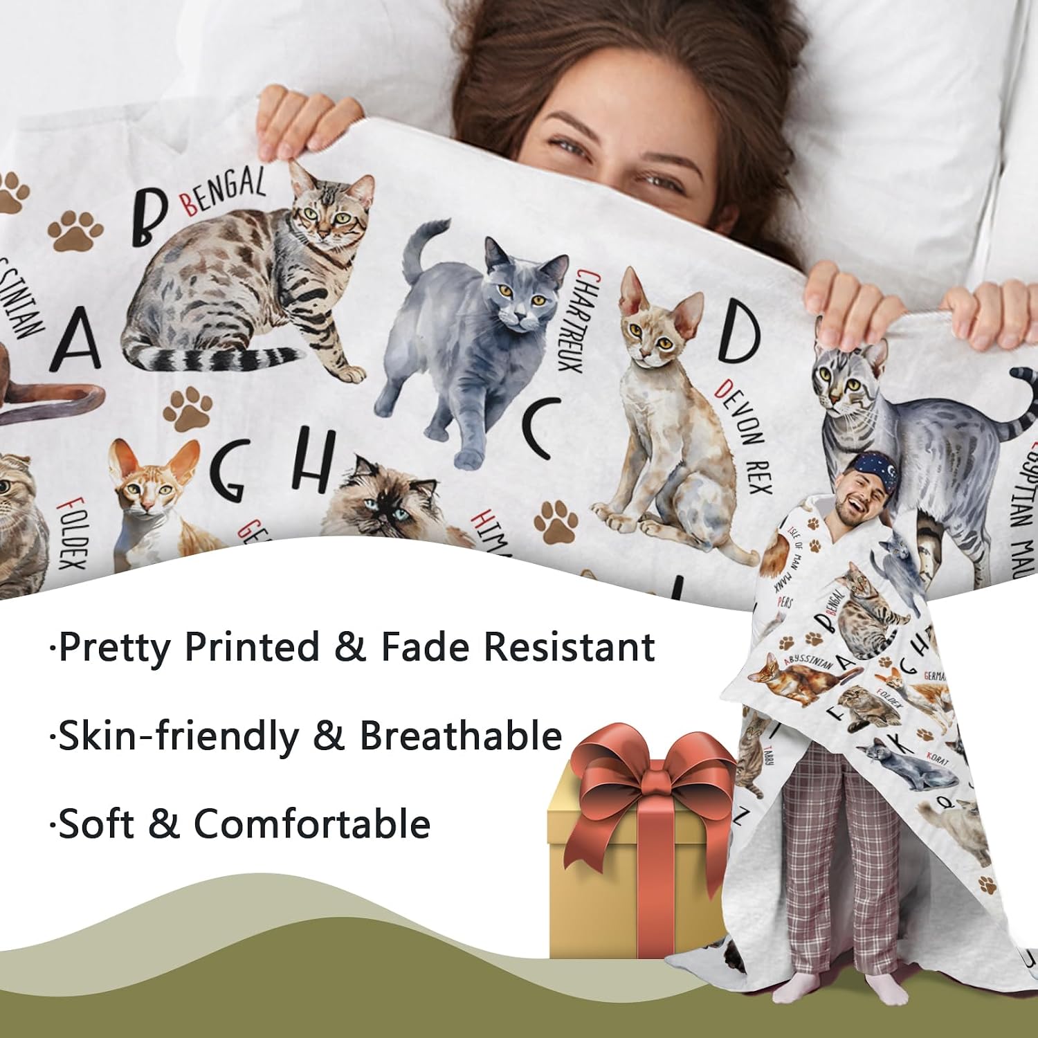 Cat Alphabet Flannel Throw Blanket, Cute Pet Breed Letter ABC