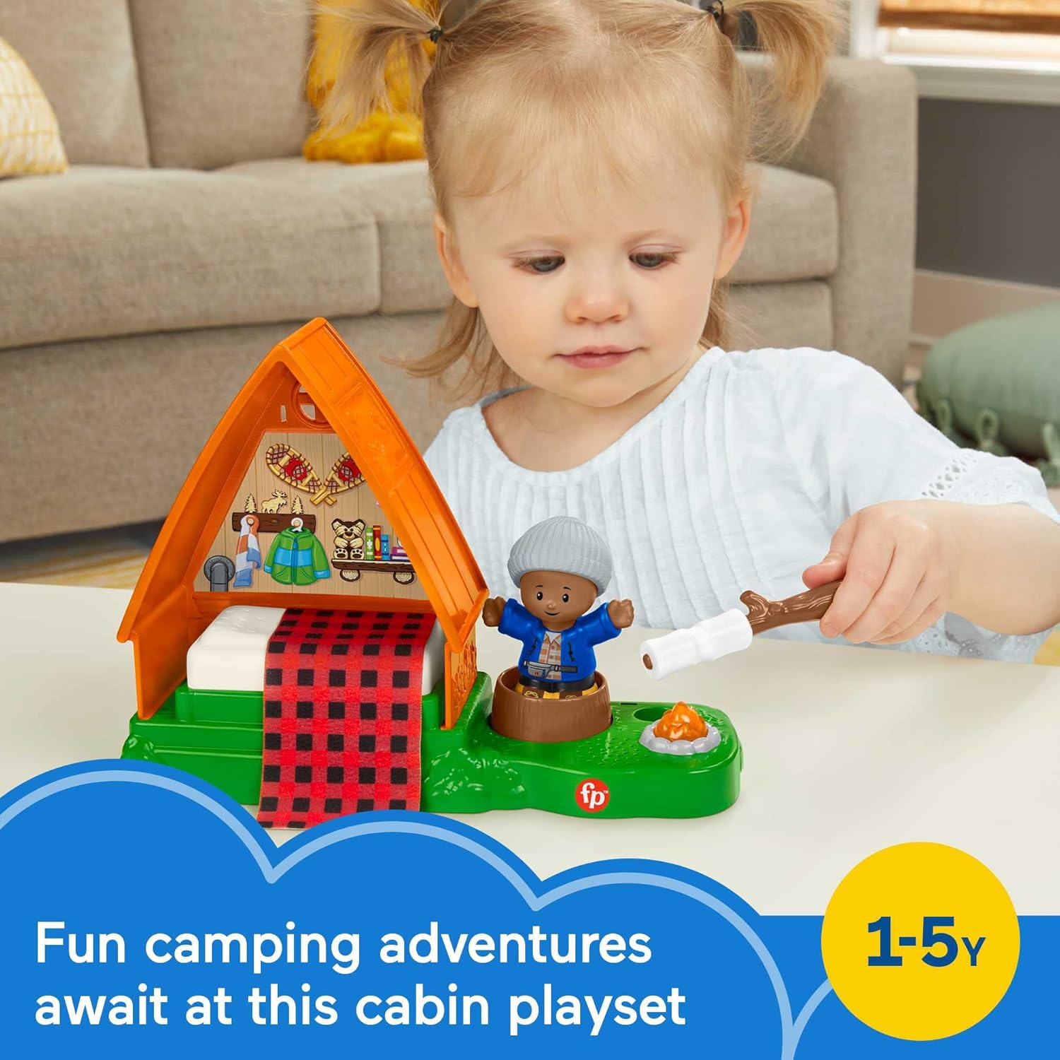 Fisher-Price Little People Toddler Playset Cabin With Camper Figure Plus Campfire Light And Sounds For Pretend Play Ages 1+ Years : Toys & Games
