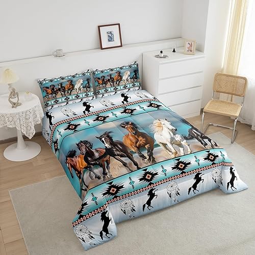 Miniatura 2 de Erosebridal Juego de Edredón de Caballos Verde Azulado Suroeste Nativo Azteca Juego de Ropa de Cama, Granja Vida Silvestre Relleno de Edredón Indio
