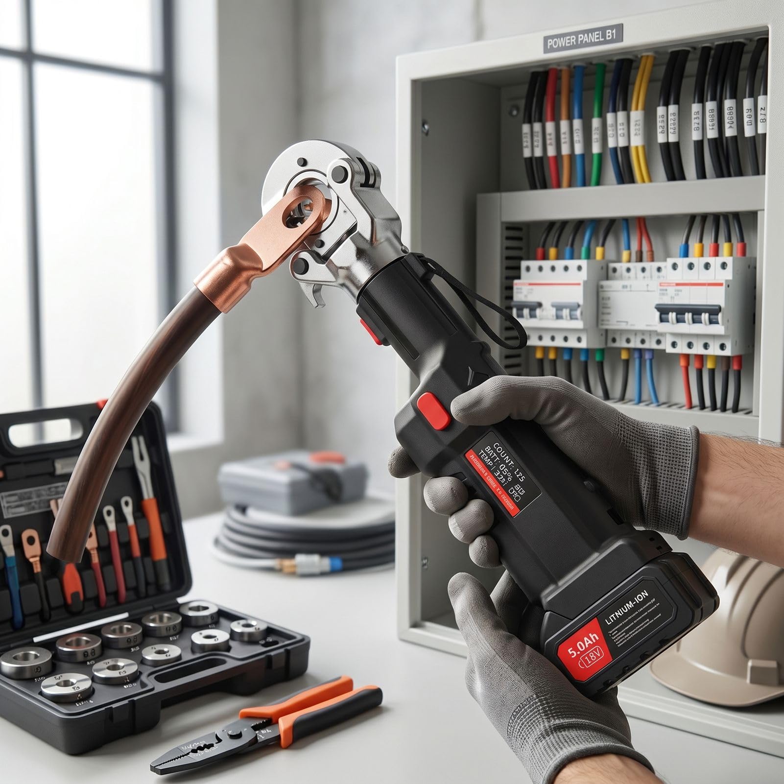Annadue Hydrauliczne Narzędzie do Zaciskania, Zasilana Akumulatorowo Zaciskarka do Drutu 12T 6AWG 600MCM, Elektryczne Hydrauliczne Narzędzie Zaciskania z Wyświetlaczem Cyfrowym, Zaciskarka Końcówek