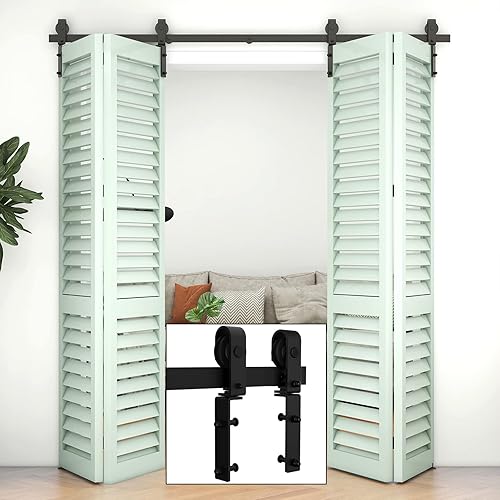 TSMST Kit de riel de puerta corrediza de granero de doble pliegue de 5 pies60 pulgadas para 4 puertas, kit de herrajes para puerta de granero,