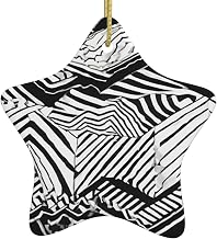 (Black White Tan Zigzag) Ceramic Christmas Tree Ornament Star Printed Hanging Decoration for Xmas Holiday Party Decor
