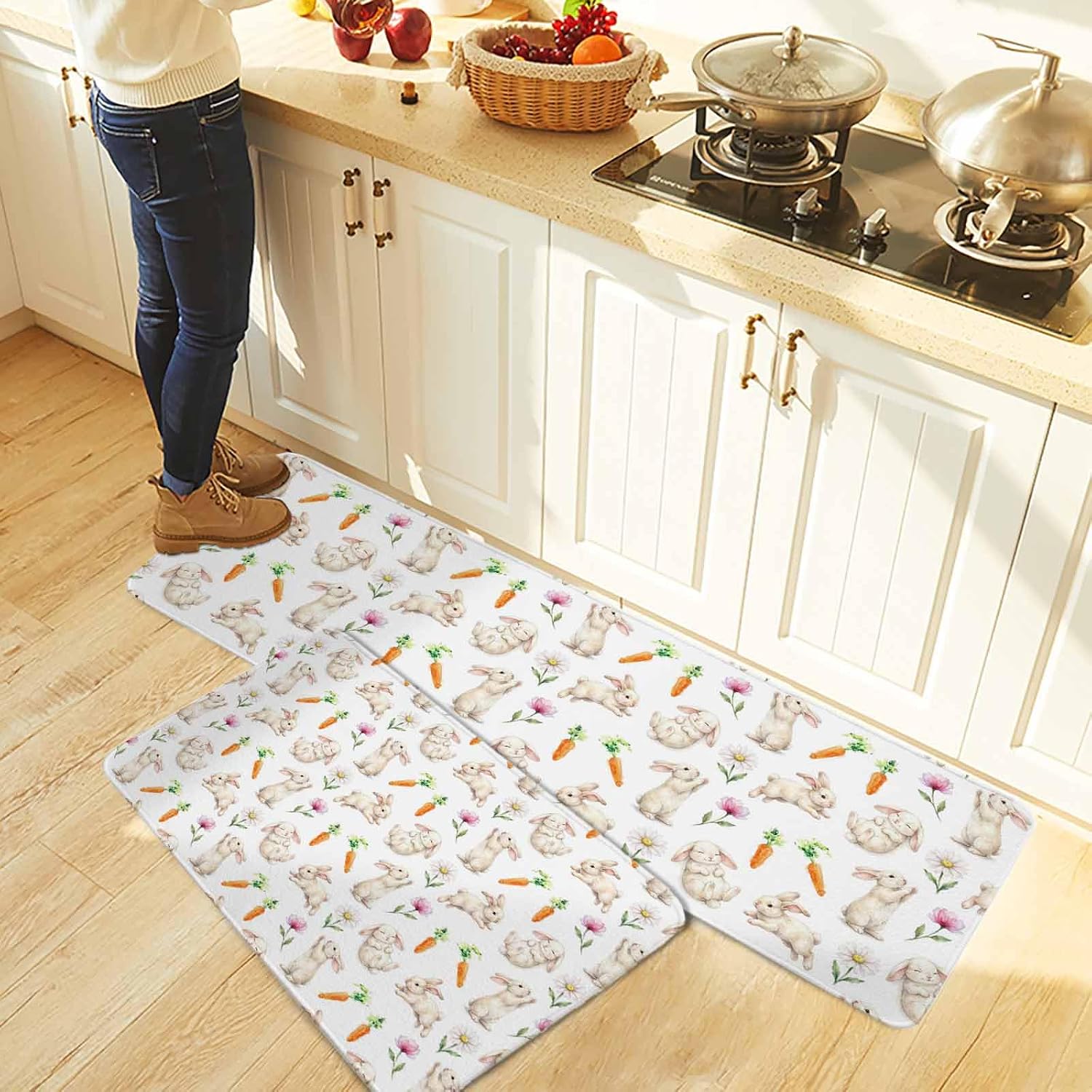 Easter Bunny Kitchen Rugs and Mats Set of 2, Non-Slip Kitchen Sink Mat, Watercolor Rabbits Spring Modern Washable Doormat Bathroom Rugs Runner for Bedroom/Living Room 15.7"x23.6"+15.7"x47.2"