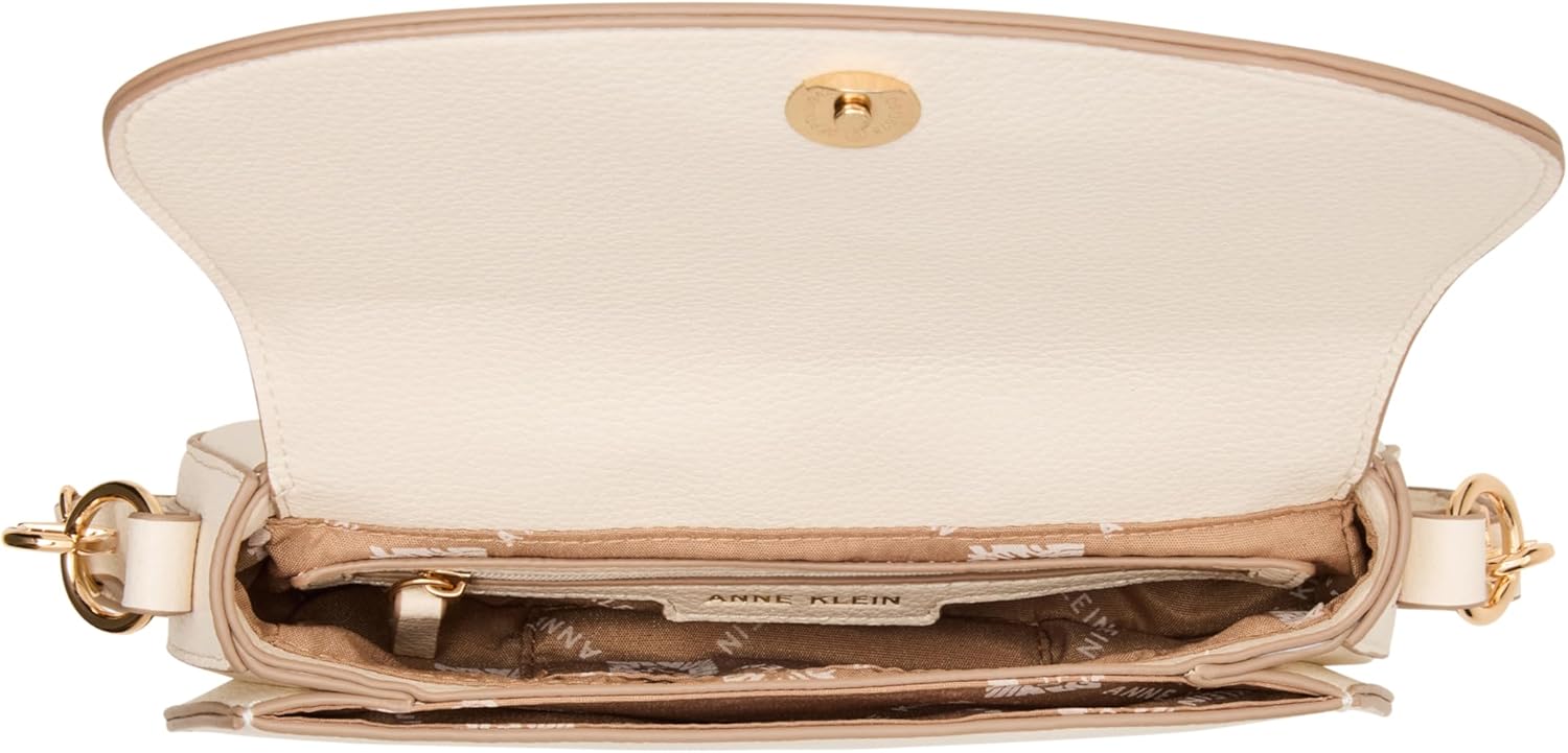 Anne Klein Womens Saddle with 3 Straps: Detachable Shoulder Stra, Wide Logo Deboss Strap & Standard Strap, Pearl White