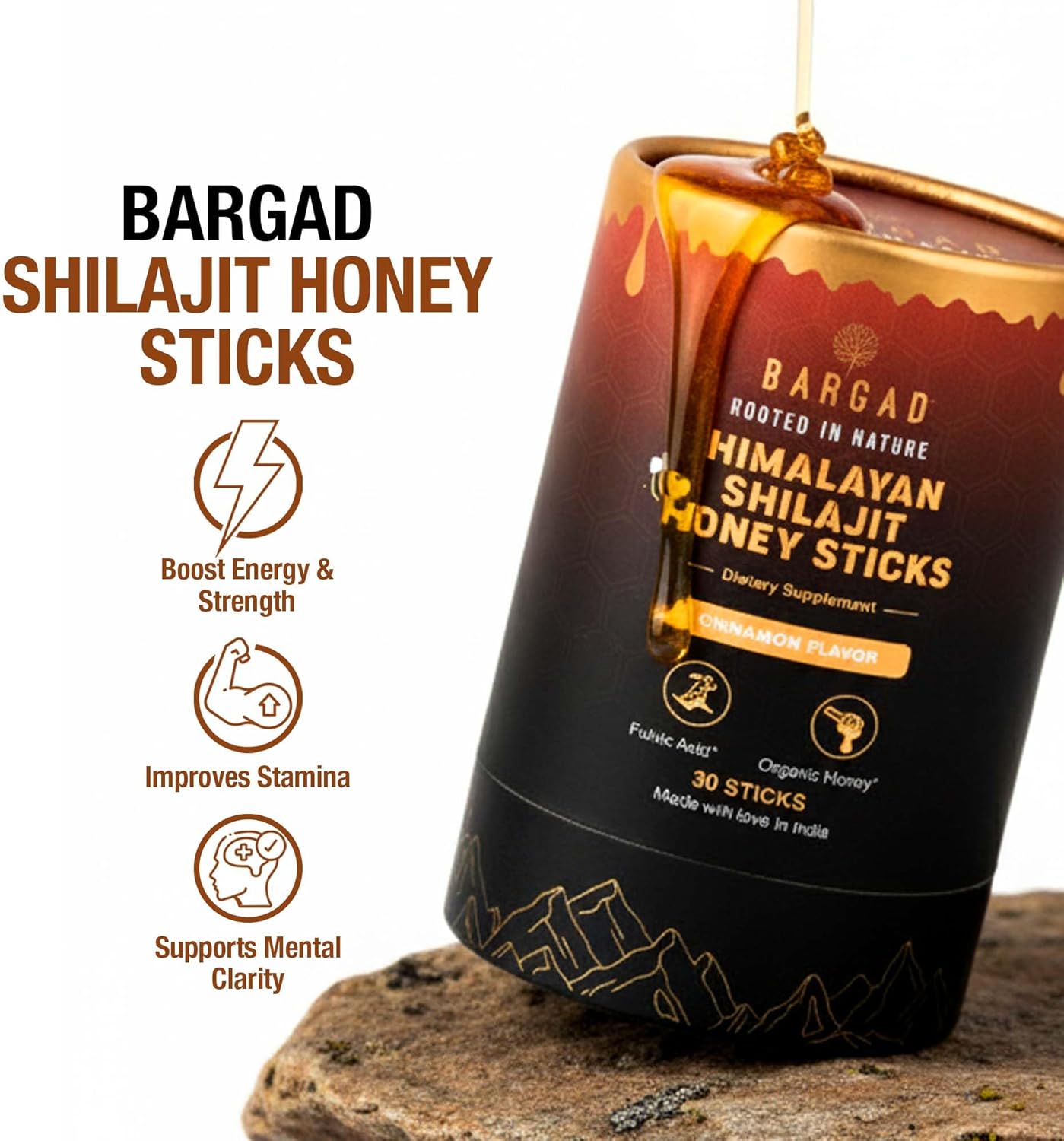 Bargad Himalayan Shilajit Sticks with Organic Honey & Cinnamon | Easy Single Use Shilajit Sticks | Boosts Energy & Immunity with 85+ Trace Minerals, 75%+ Fulvic Acid (Cinnamon)