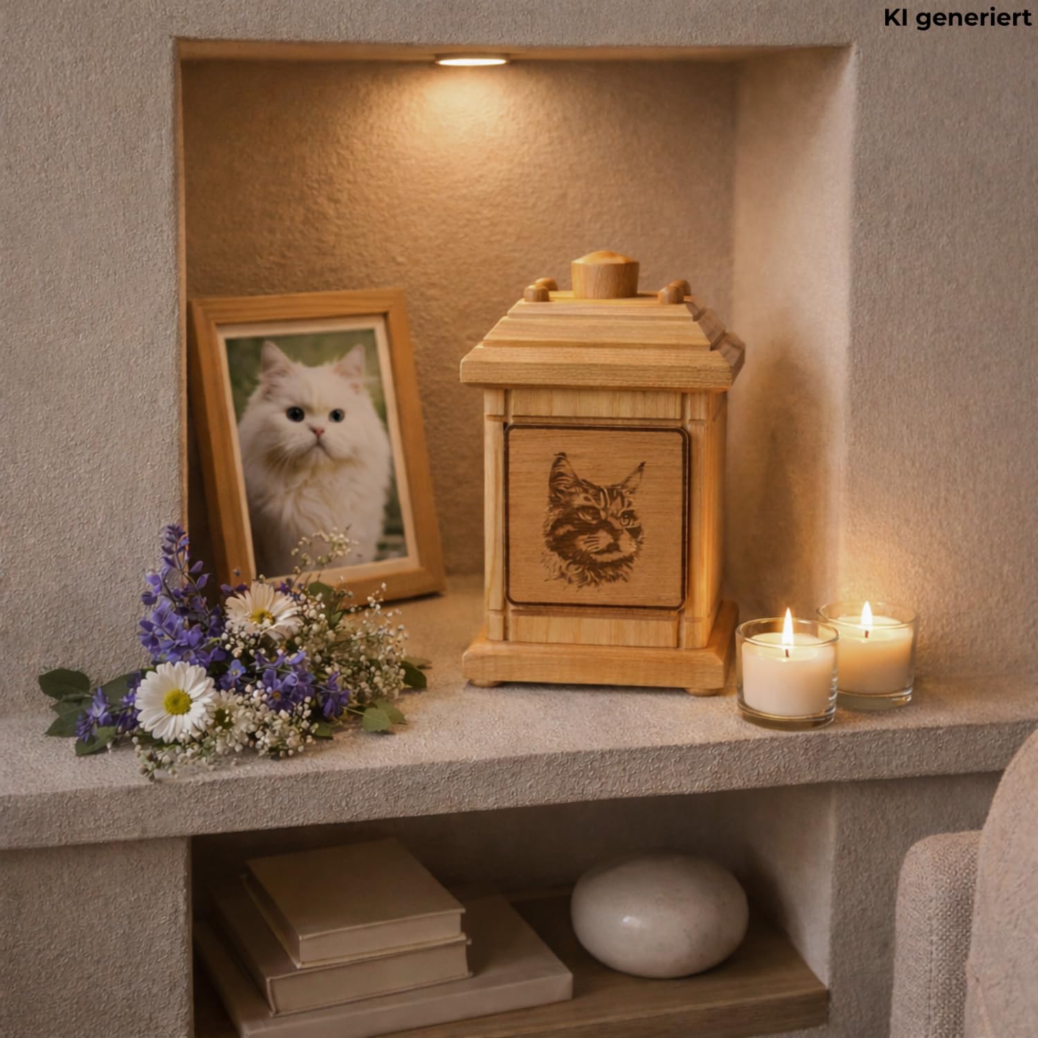 Würdevolle schlichte Tierurne, Urne für Katzen, Andenkurne Katze, Katzenandenken, Aschebox für Katzen, Andenkbox, Holzurne groß, Urne mit Katzenmotiv aus massivem Buchenholz, L/B/H 12 x 12 x 20 cm.