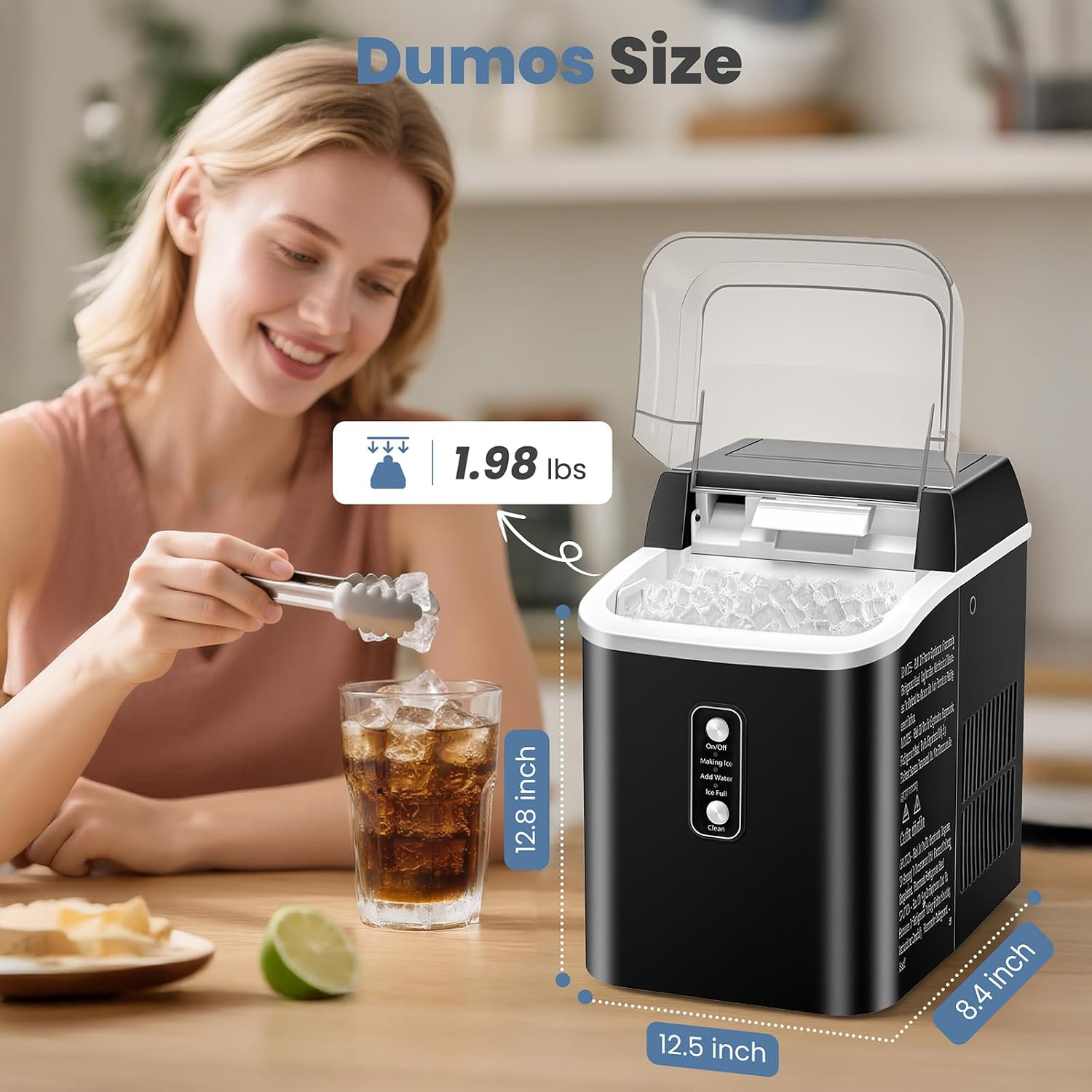 dumos nugget ice makers,portable ice machine countertop ready in 6 mins, 1.55l water tank, self-cleaning, for office, party, rv, home, black nugget-black 14.7"×13.7"×10.4"
