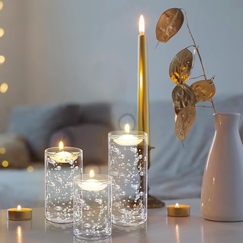 Miniatura 6 de Hoolerry Juego de 9 jarrones cilíndricos de vidrio para centros de mesa, portavelas Hurricane transparentes de varios tamaños con velas flotantes,