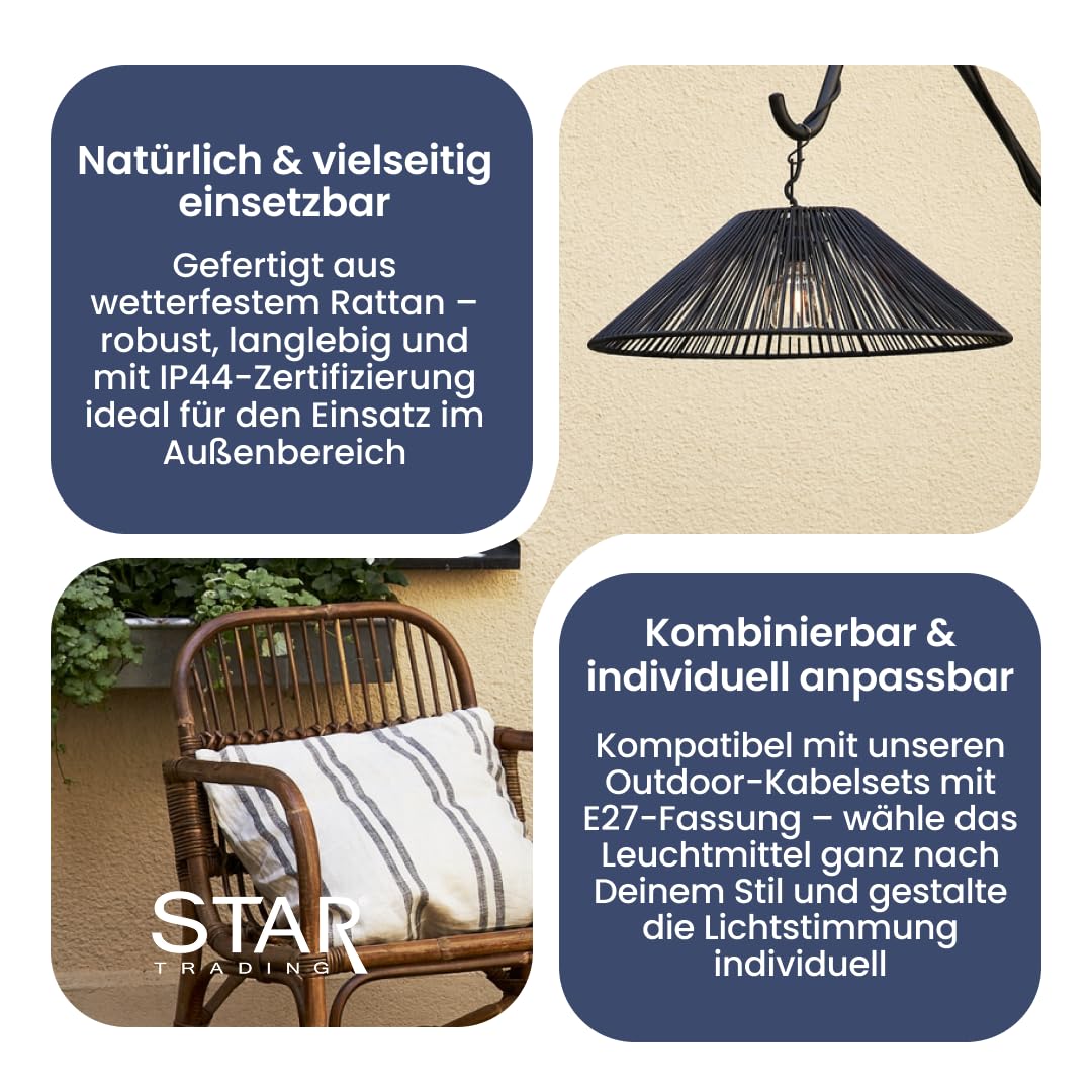 Star Trading Rattan Lampenschirm Outdoor E27 Schwarz – 58 cm