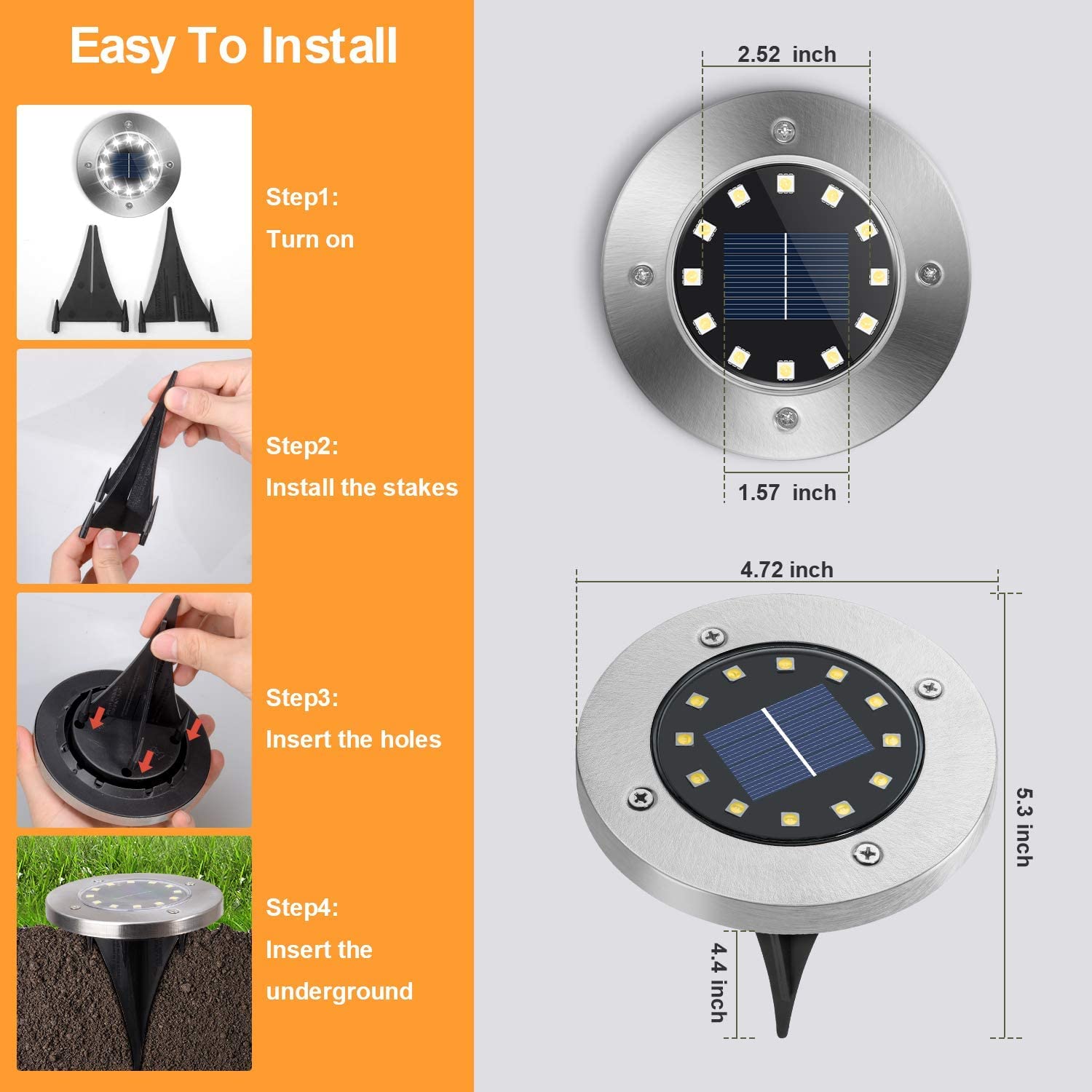 [12 piezas] Lámpara de pie solar para exteriores, 12 LED, luces solares de 800 mAh, luces de disco con panel solar mejorado, jardín, solar, faro, decoración para césped, acera