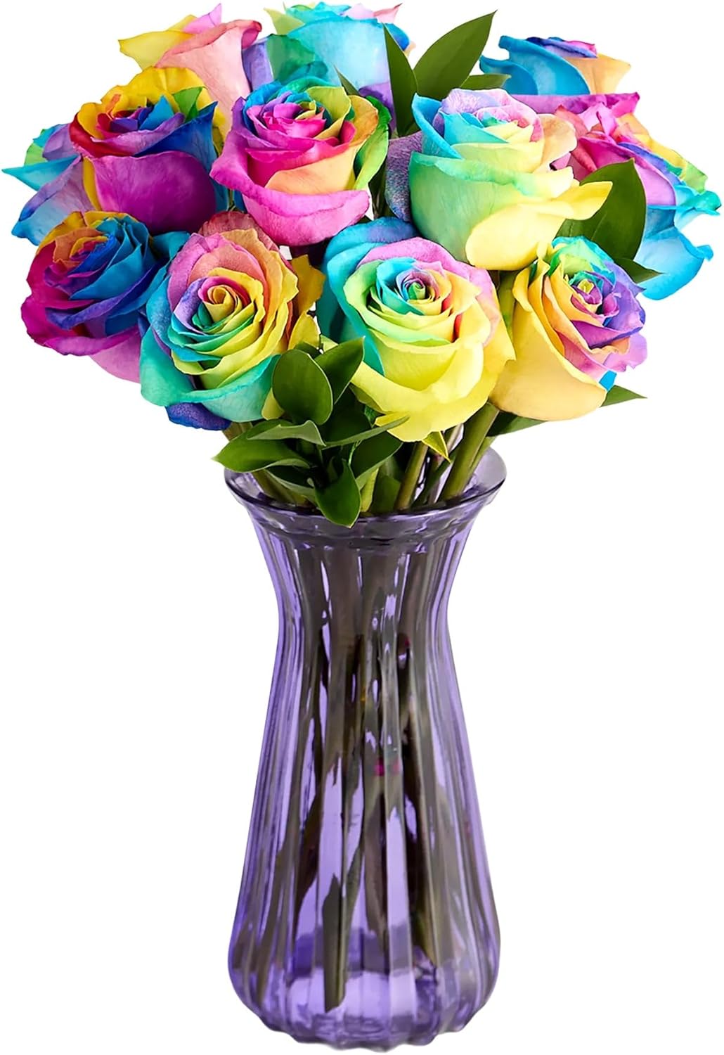1800 Flowers – 24 Stem Kaleidoscope Roses (Clear Purple Glass Vase) | Fresh Cut Spring Flowers for Delivery | Gift for Mother's Day, Anniversary, Sympathy, and Special Occasions