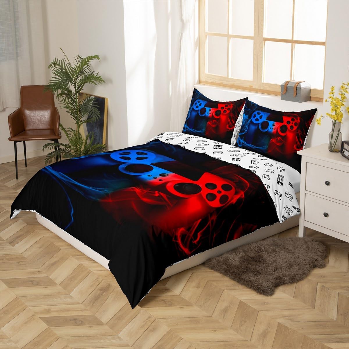 Erosebridal 3 Pcs Duvet Cover Set Queen Size, Red Blue Gamer Soft Bedding Set for Kids and Adults, Game Consoles Gaming Comforter Cover with 2 Pillowcases for Bedroom Bed Decor