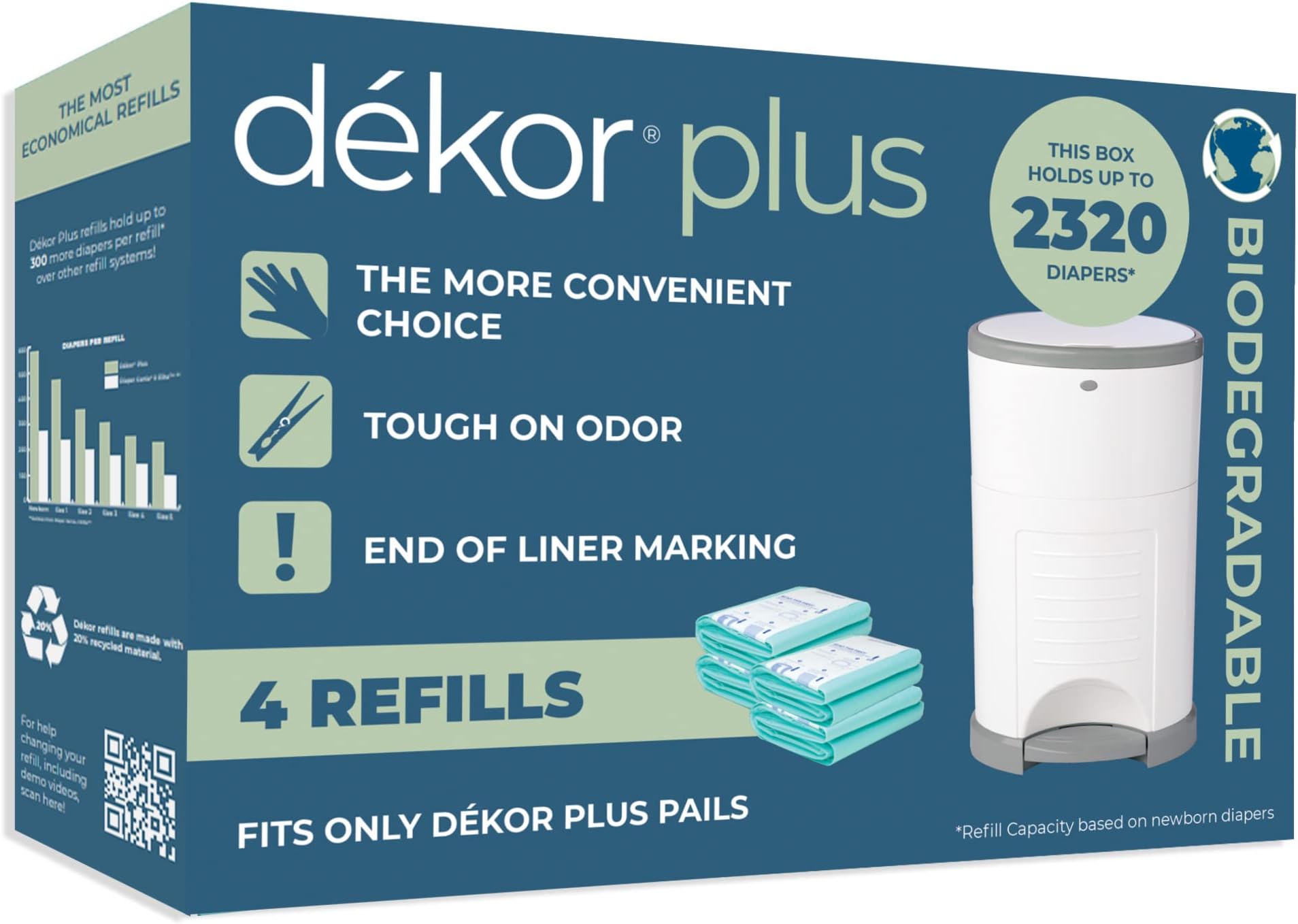 Dekor Plus Diaper Pail Biodegradable Refills | Most Economical Refill System | Quick and Simple to Replace | No Preset Bag Size - Use Only What You Need | Exclusive End-of-Liner Marking | 4 Count