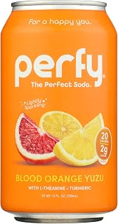 PERFY Soda Superfood Nootropic Soft Drink | All Natural Soft Drink Made With Real Fruit Juice, L-theanine & turmeric | Low Sugar, Low Carb, Gluten Free, Caffeine Free, Keto Soda | 12 Pack (Blood Orange Yuzu)
