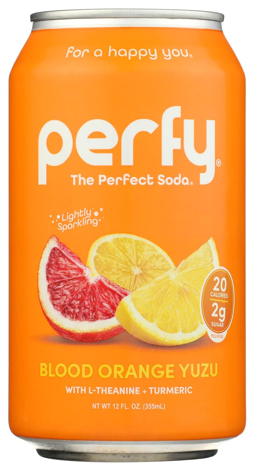 PERFY Soda Superfood Nootropic Soft Drink | All Natural Soft Drink Made With Real Fruit Juice, L-theanine & turmeric | Low Sugar, Low Carb, Gluten Free, Caffeine Free, Keto Soda | 12 Pack (Blood Orange Yuzu)