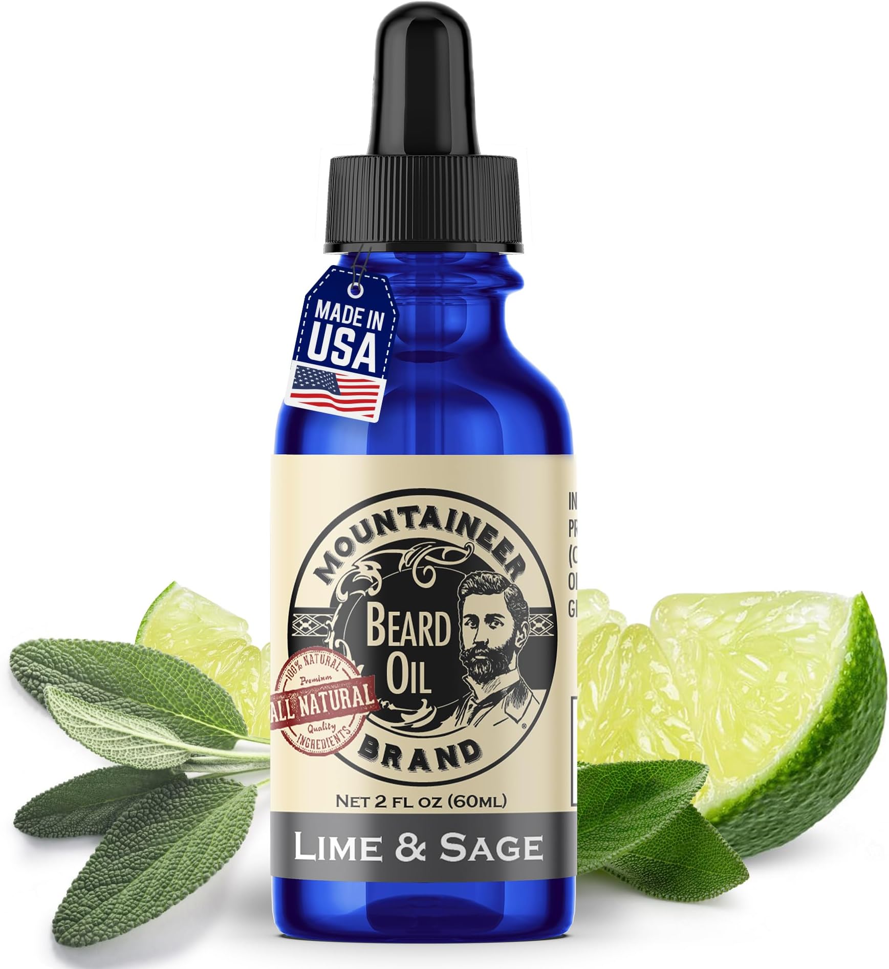 Mountaineer Brand Natural Beard Oil with Lime & Sage Scent | Made in West Virgina | Hydrates, Moisturises, Softens & Conditions for Beard Growth | Treats Dry Itchy Beards for Men | 2oz