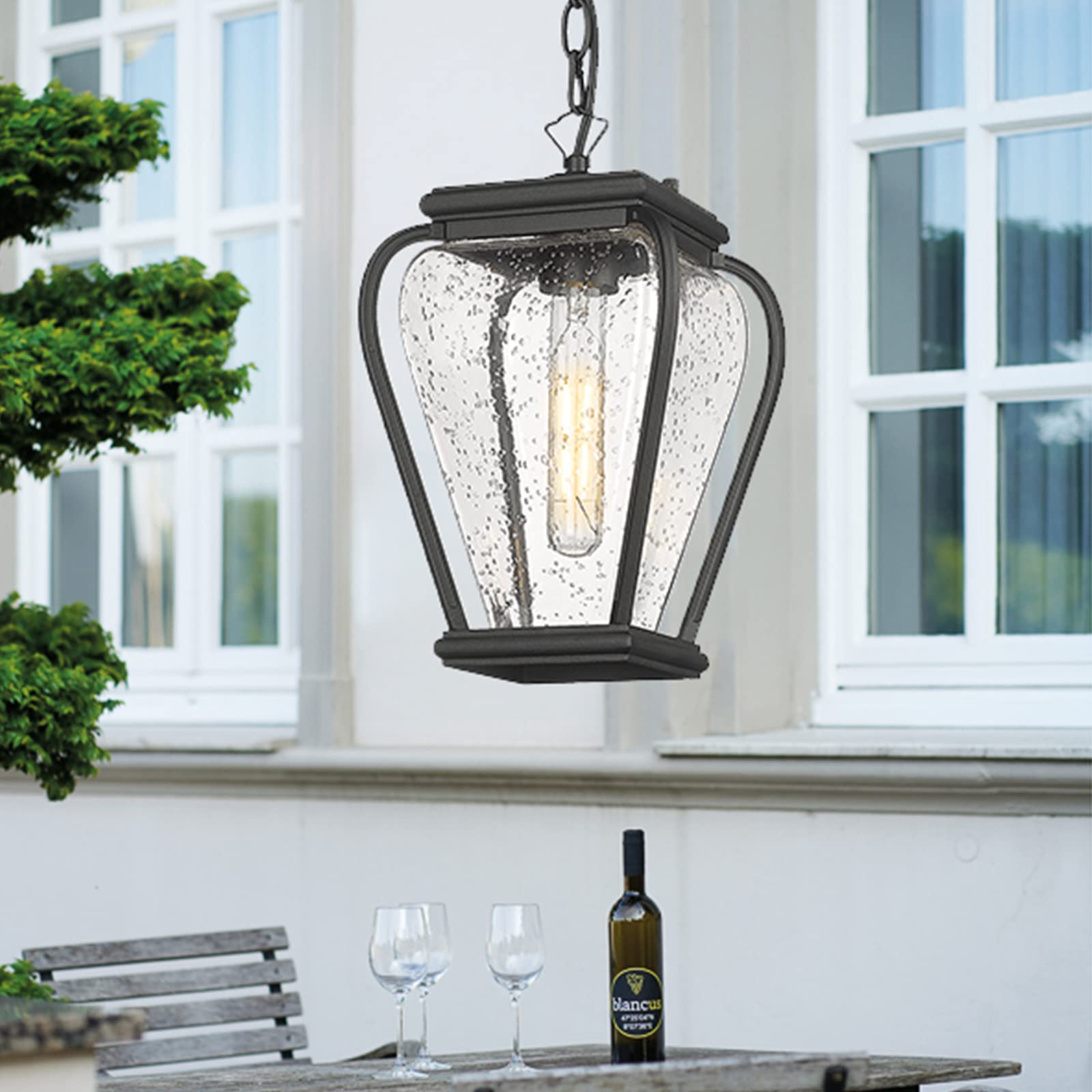 GOORAY Outdoor Pendant Light Fixture,13" Outdoor Pendant Lights for Porch, Large Exterior Hanging Lantern Porch Light Outside Lighting for House in Sand Black Finish Clear Seeded Glass Lamp Shade