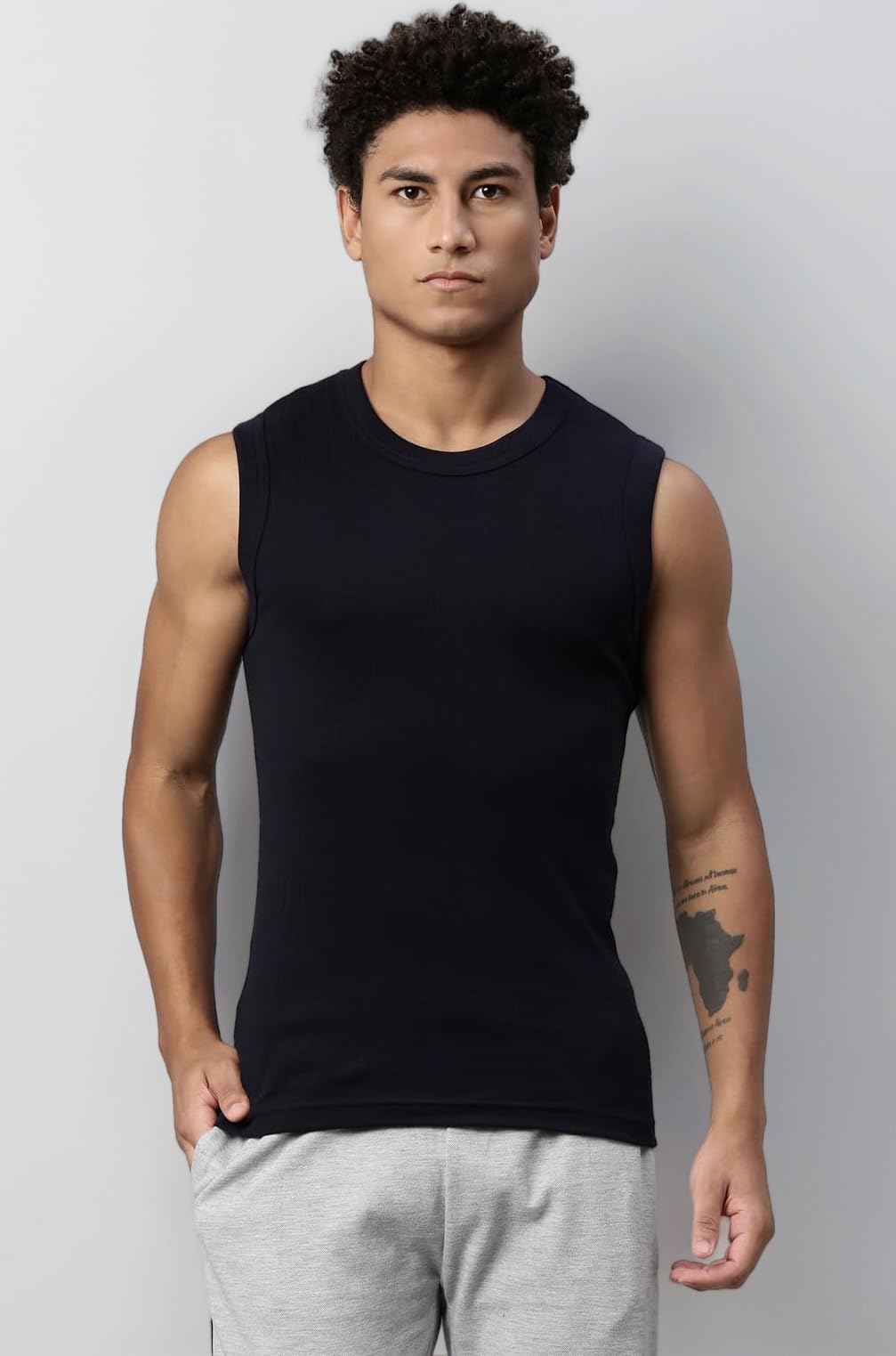 014 Men's Rib Pure Cotton Solid Gym Vest - Crew-Neck, Sleeveless Side Branding, Snug fit with Easy Tucked (Pack of 1)