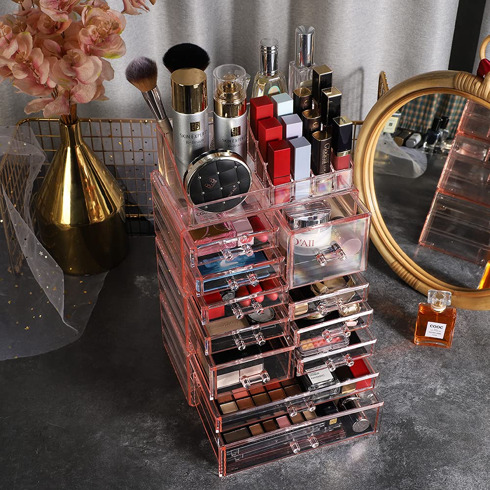 Cq acrylic Makeup Organizer Countertop Acrylic,4 Piece Stackable Design Make Up Cosmetics Storage Stand with 11 Drawers,For Cosmetics,Skincare,Vanity,Bathroom,Pink : Beauty & Personal Care