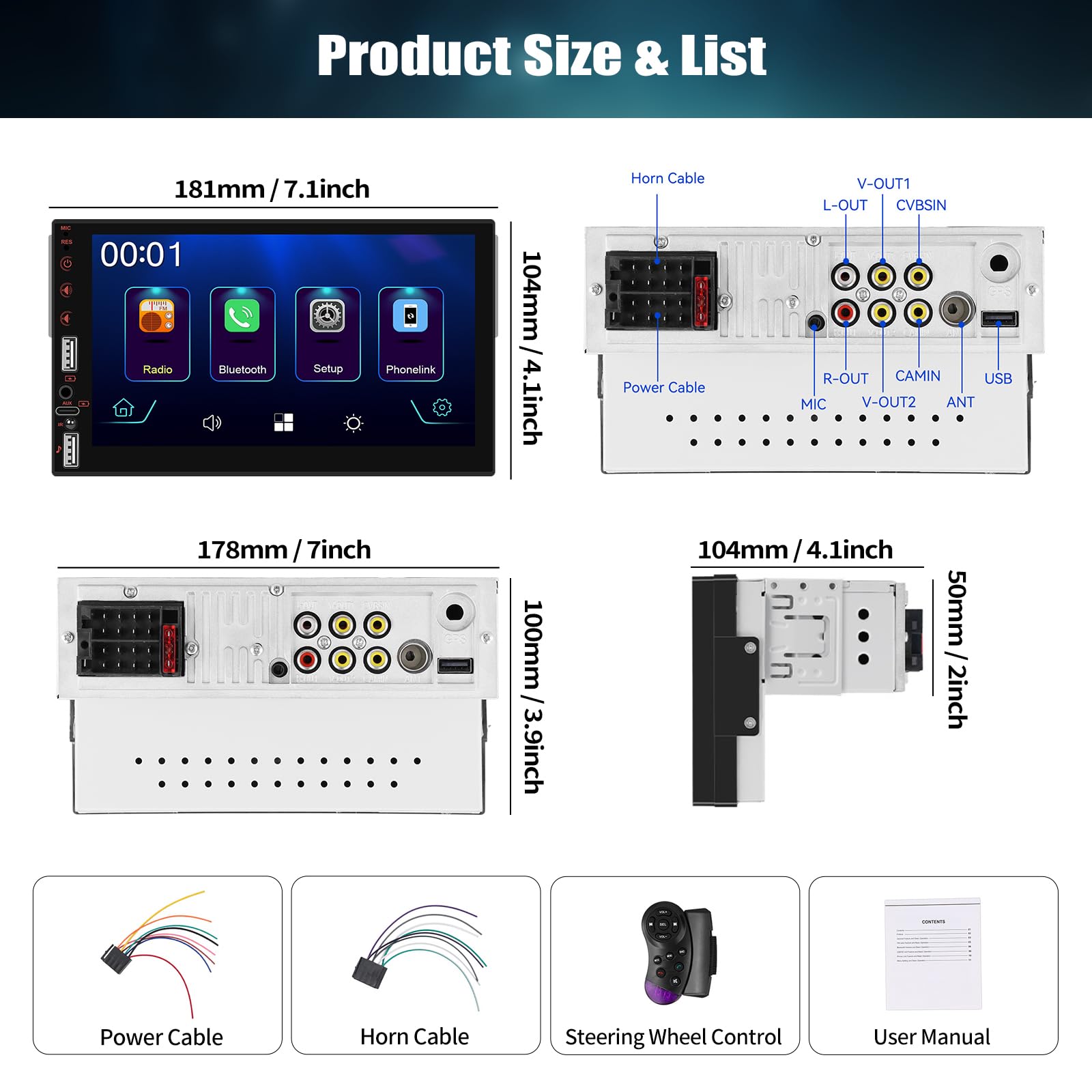 [WIRELSS] CAMECHO 7-calowy bezprzewodowy odtwarzacz samochodowy 1 DIN z dotykowym ekranem LCD obsługa CarPlay i Android Auto Bluetooth FM EQ USB/TF AUX-in + SWC