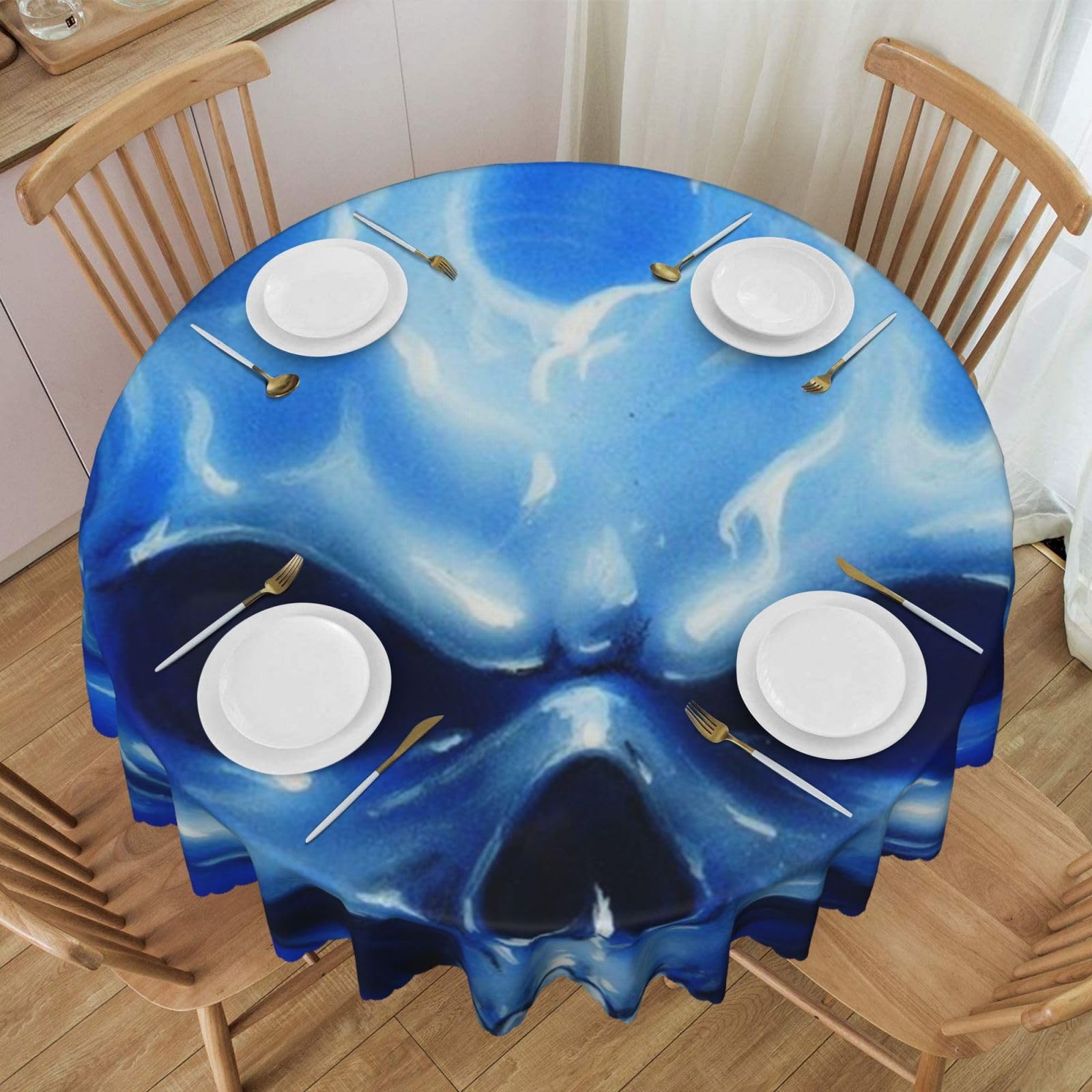 DCEHGEW 60 In Round Tablecloth with Lace, blue flame skull Printed Oilproof & Washable Fabric Picnic Table Cloth Table Covers