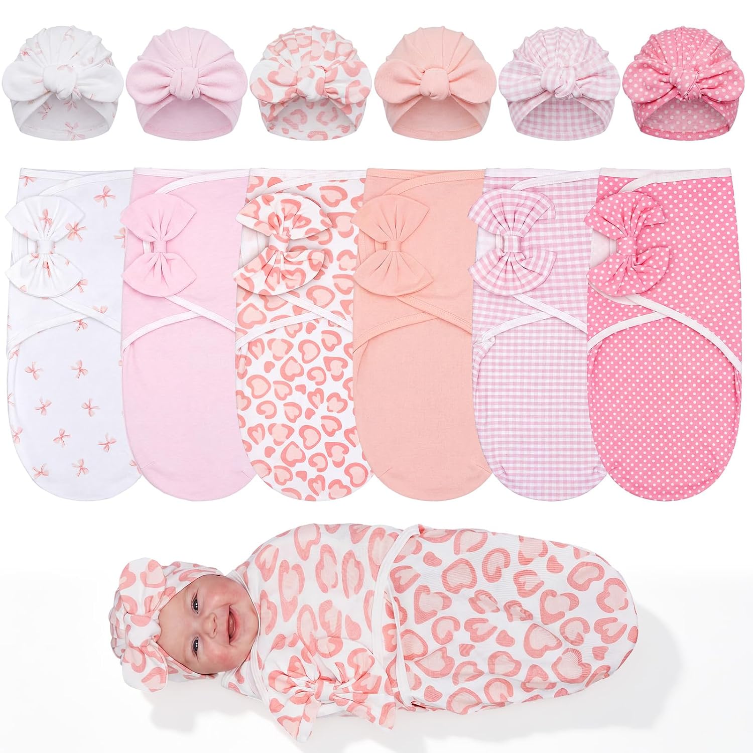 Ramede 6-Pack Premature Baby Swaddle Blankets with Hats, Breathable 100% Cotton Baby Swaddles, Suitable for Premature Babies and Newborns, Soft Cotton, Adjustable(Bow,Soft Pink)