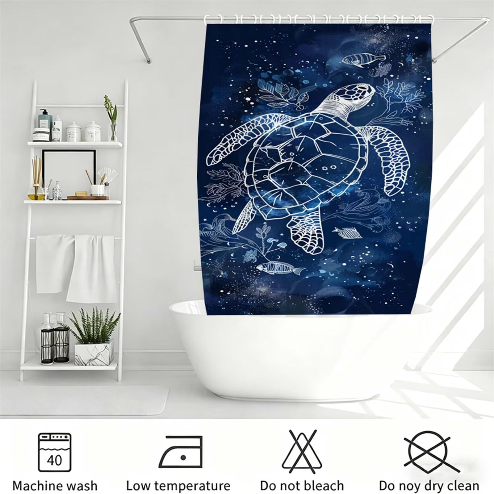 Duschvorhang Marineblau, Polyester Stoff aus Textil – Wasserdicht – Waschbar – Inkl 12 Ringe – Badewannenvorhang für Dusche & Badewanne, Shower Curtains 200x250cm Meeresschildkröte J-763