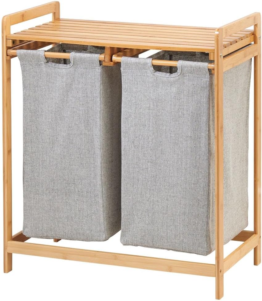 mDesign Freestanding Bamboo 2 Section Double Laundry Organizer Hamper with Removable Storage Sorter Bags, Space-Saving Basket Duo with Handles for Clothes/Linens - Echo Collection - Vintage