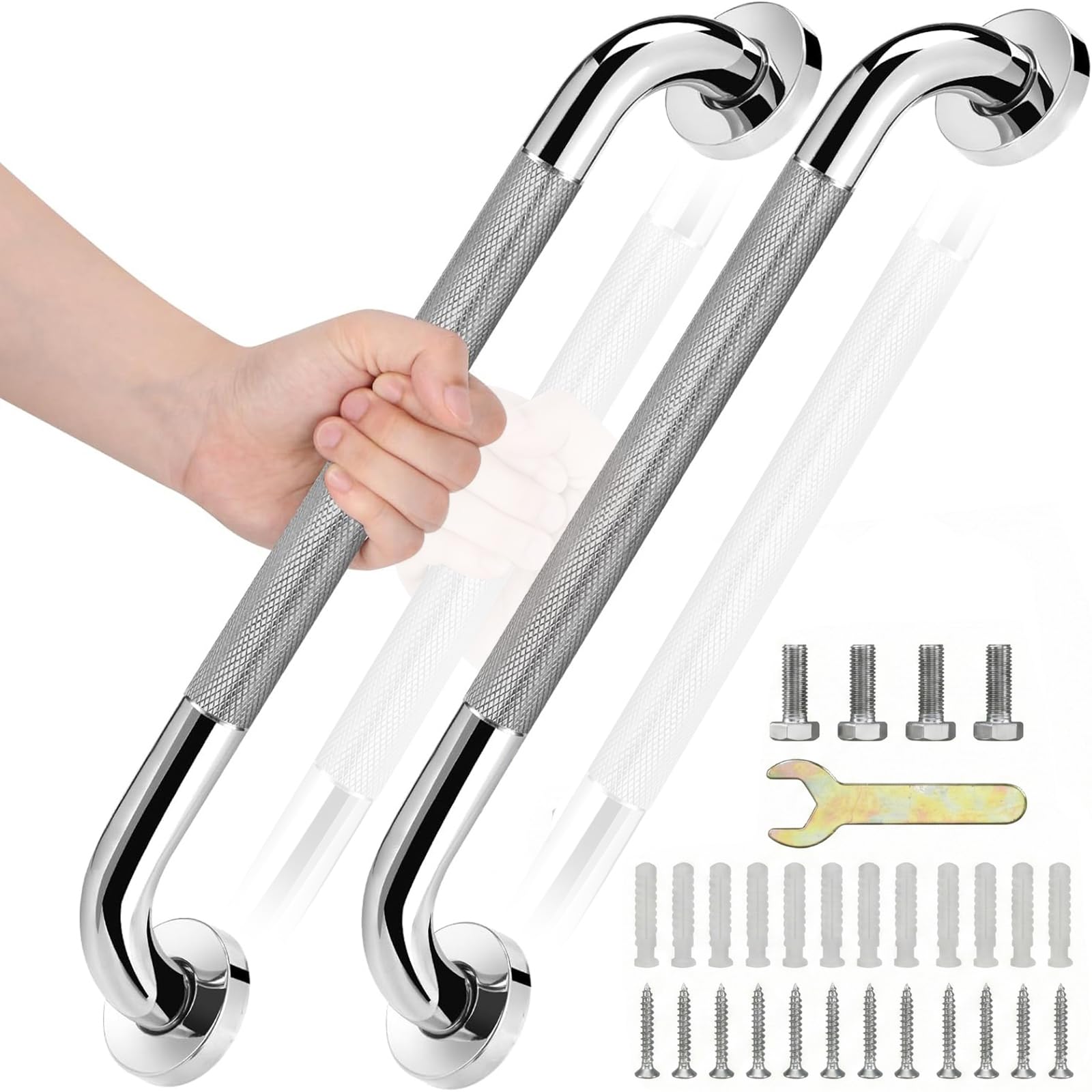 Haltegriff Bad 2er Set, 40 cm Badezimmer Handlauf aus Edelstahl 304 mit gerändelter Griffzone für rutschfesten Halt, Wandgriff für Dusche, Badewanne & WC, inkl. Montagematerial