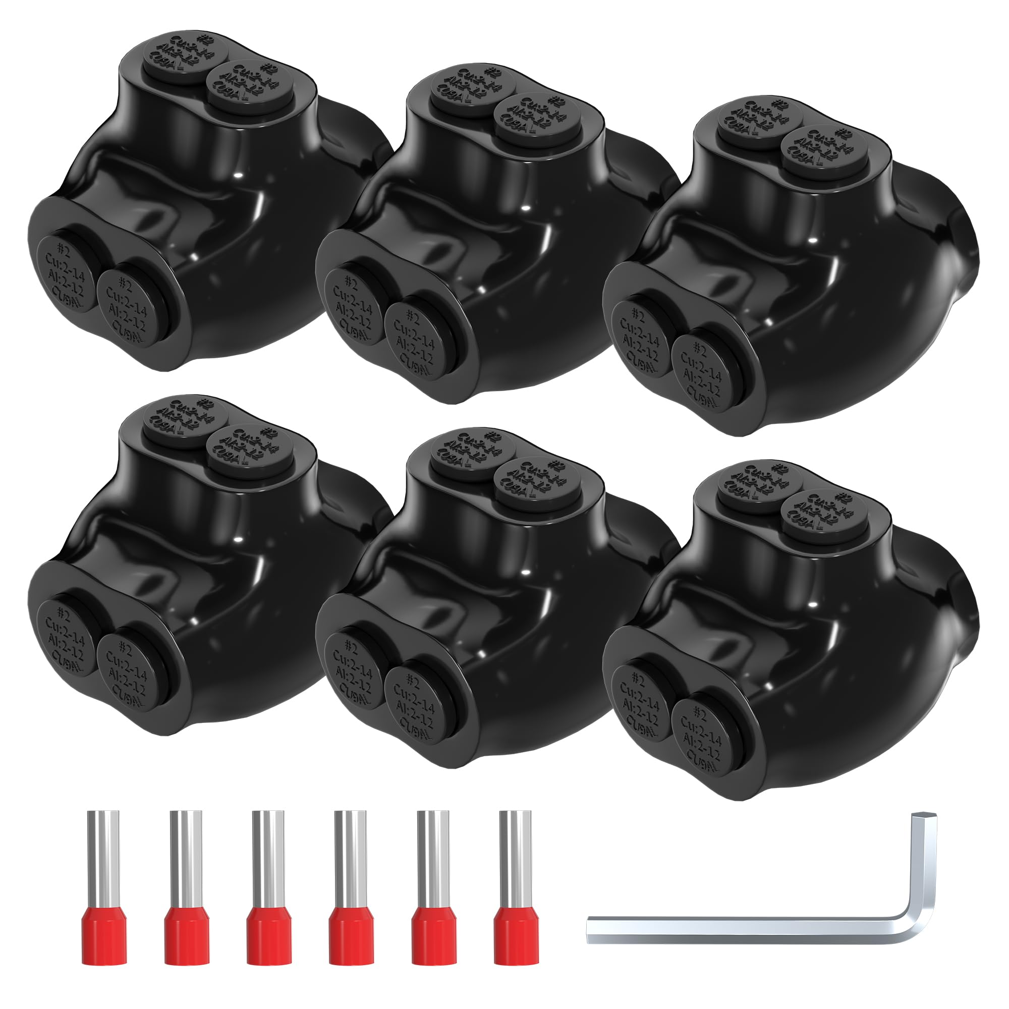 Joinfworld Connettori isolati a 2 porte 2-14 AWG da alluminio a filo di rame, connettori per cavi elettrici neri a doppia entrata, con scanalatura esagonale da 5/32", confezione da 6