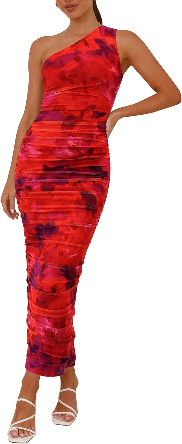 PRETTYGARDEN Women's One Shoulder Bodycon Dresses Summer 2026 Ruched Floral Beach Cocktail Wedding Guest Dress