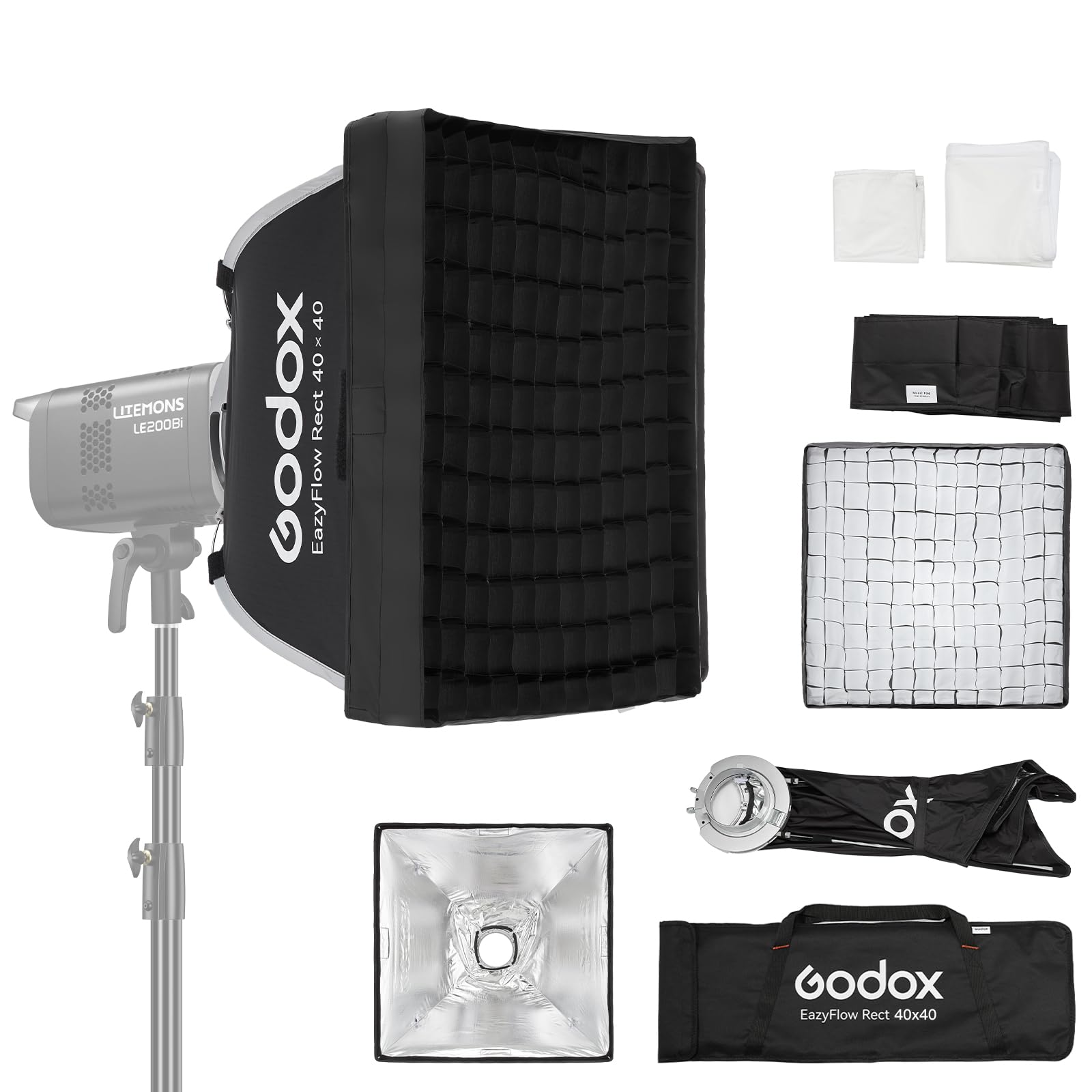 Godox EazyFlow Rect 40x40cm Square Softbox with Diffuser and Grid, Bowens Quick Release Bracket Portable for LE200BI/LE300BI/SK400/MS300/AD600