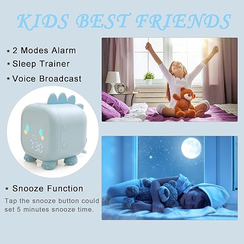 Miniatura 5 de Reloj despertador de dinosaurio para niños, reloj despertador rosa con luz nocturna Bluetooth digital para niños y niñas