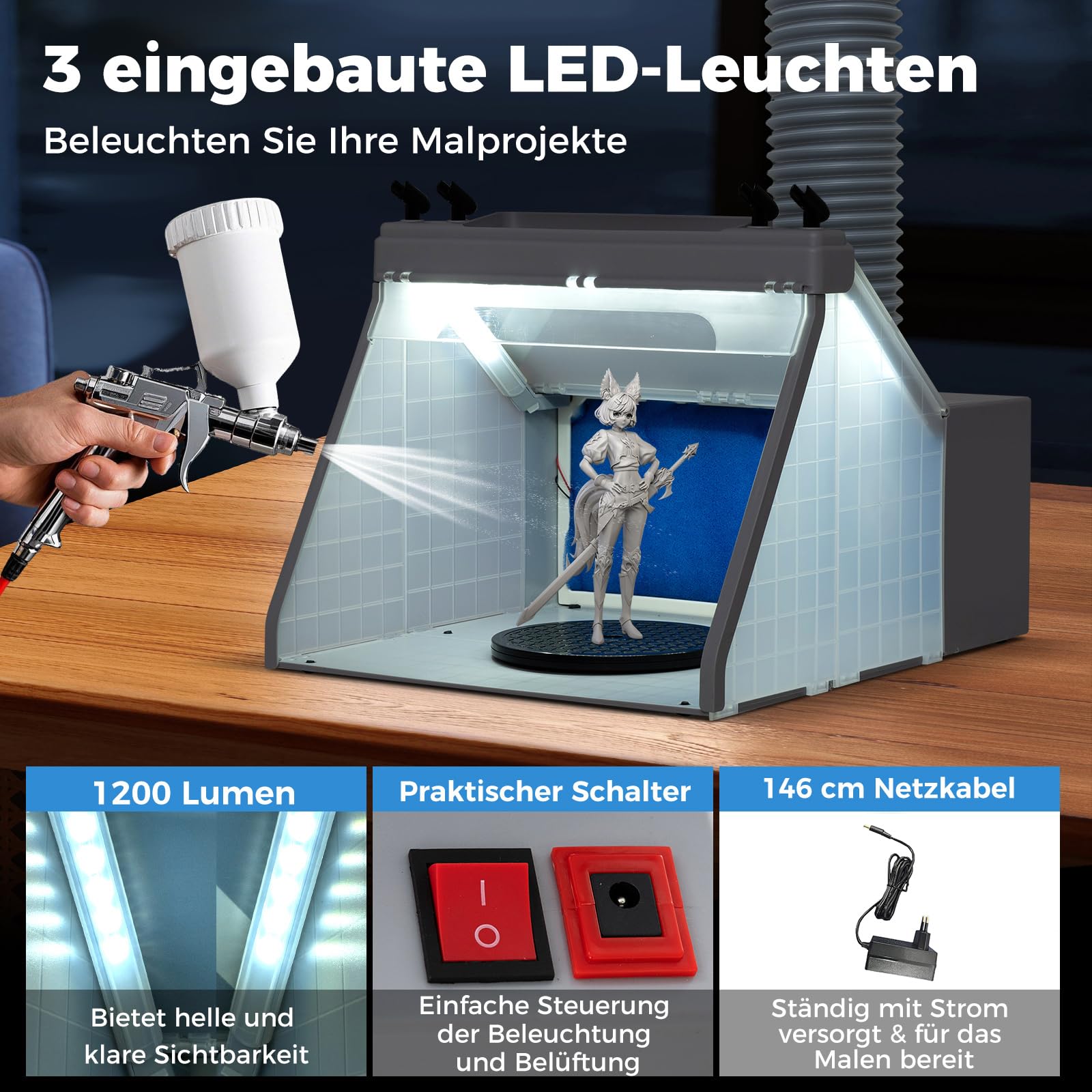 GYMAX Airbrush Absauganlage, Spritzkabine mit 3 LED-Leuchten & Filter, tragbar, 42,3 x 48 x 35 cm