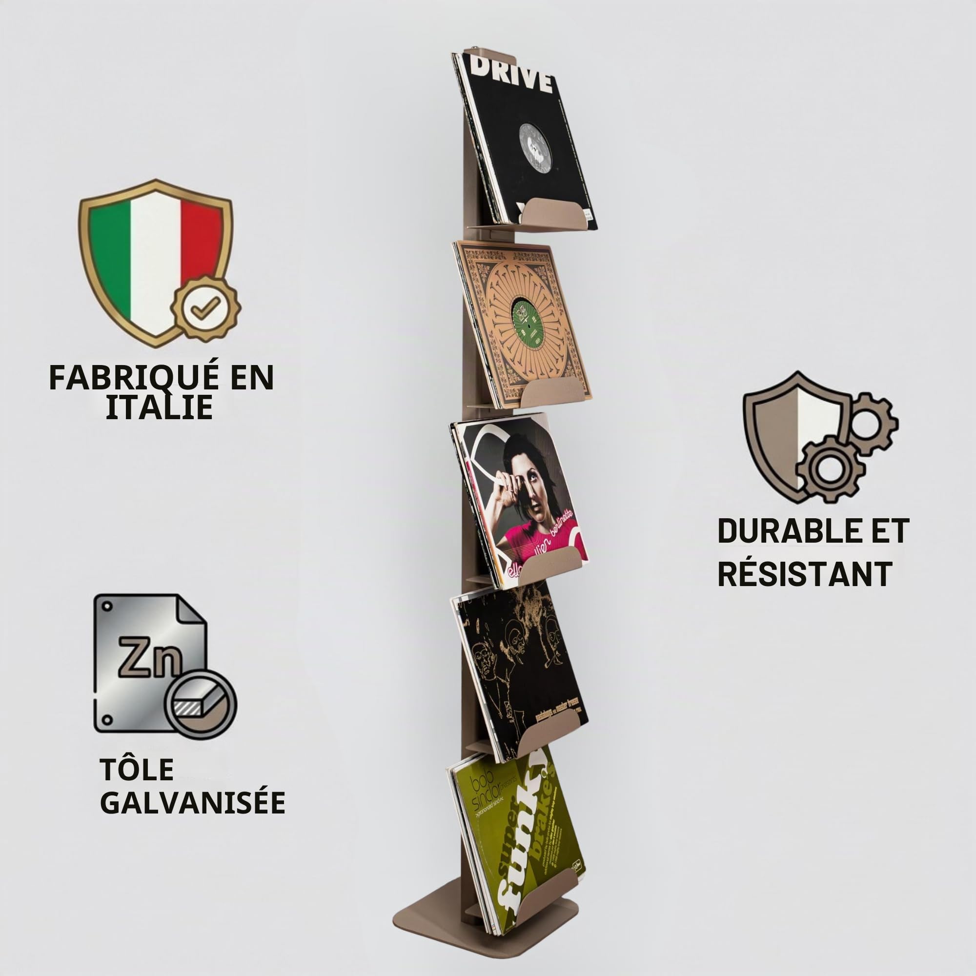 ALUBOX LYRA Rangement Vinyle Vertical avec 5 Étagères DIM 170 x 33 x 17 cm Présentoir à Disques Vinyles pour plus de 60 LP Meuble Support Vinyle en Aluminium (SABLE, 5 ÉTAGÈRES)