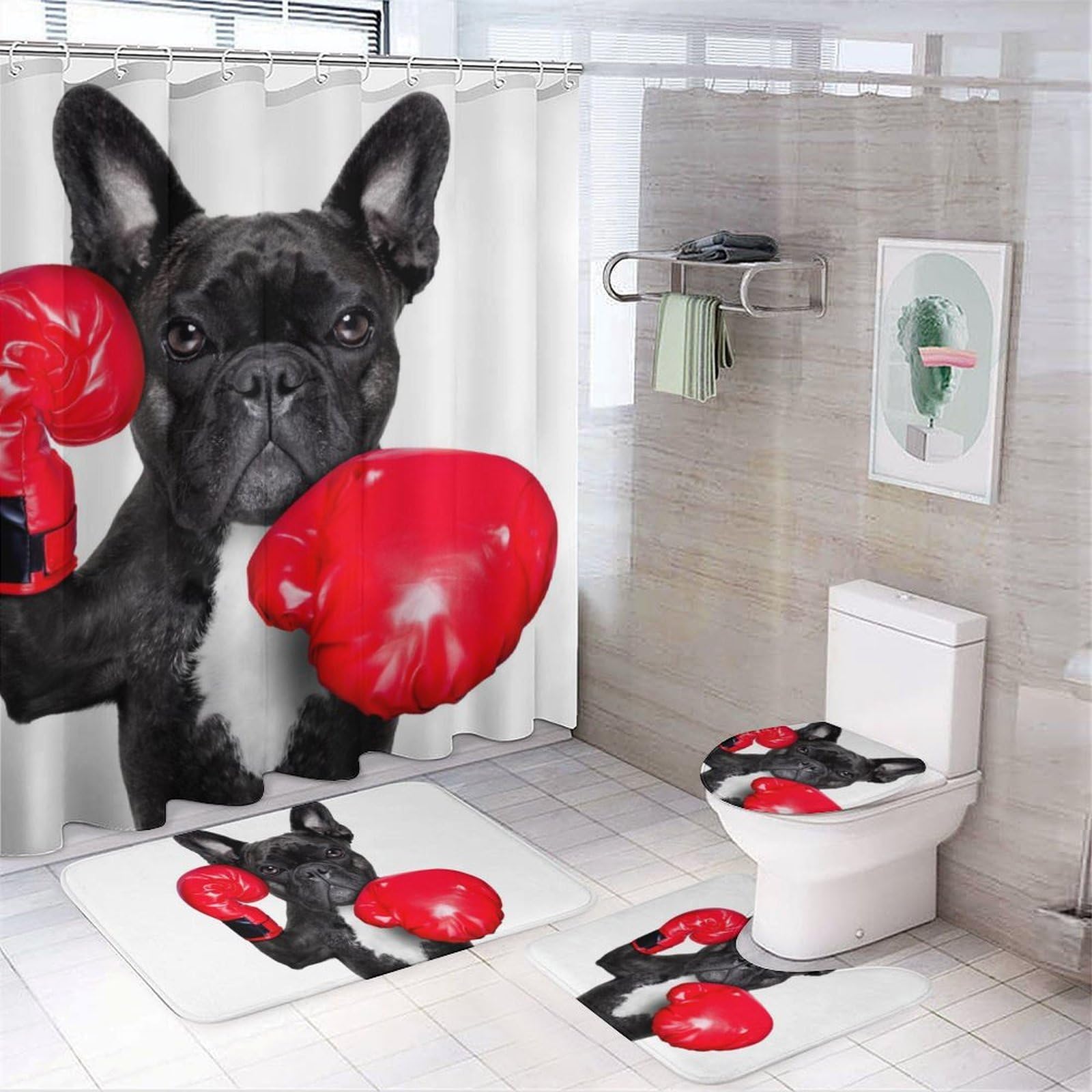 JZemdybill Bathroom Mat Set 4 Piece, French Bulldog Boxer Shower Curtain with Non-Slip Bath Mats for Bathroom