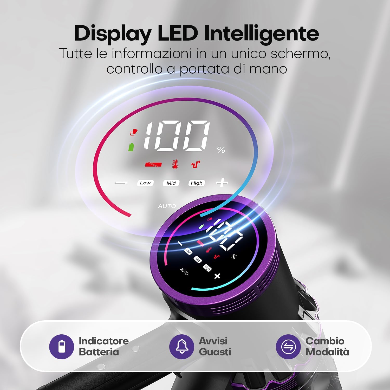 AROEVE DH-XCD05 vacuum LED display showing battery, mode, and alerts