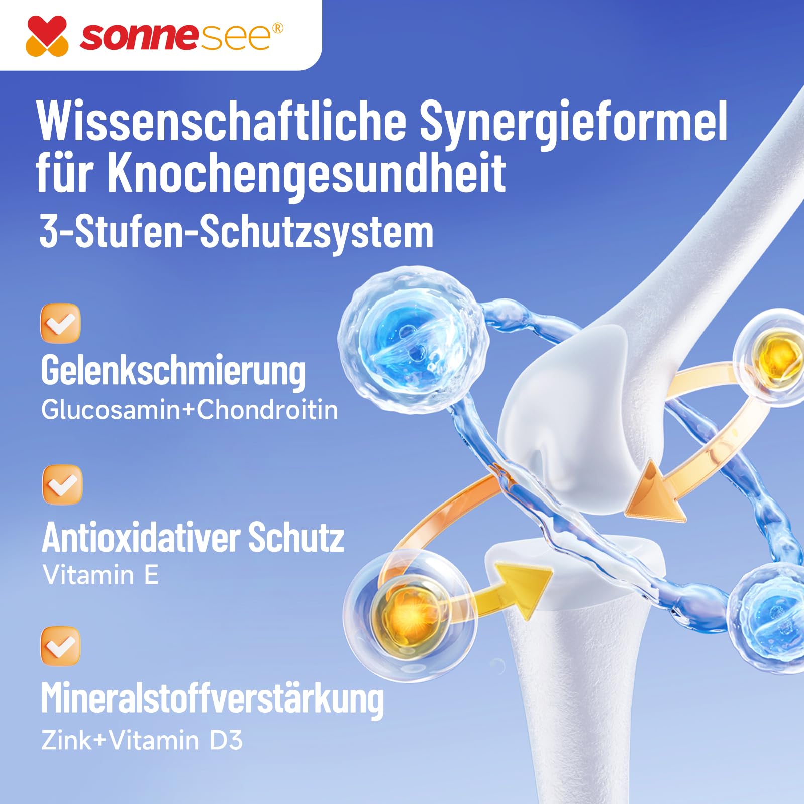 Gelenk-Komplex 16-fach – mit Glucosamin, Chondroitin, MSM, Kollagen, L-Methionin, Vitamin D3 & K2, Zink und Kurkuma – für eine normale Kollagenbildung – Sonnesee