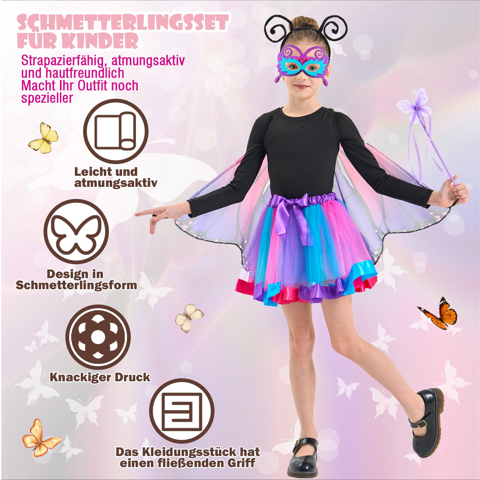 Costume da farfalla per bambini, con ali di farfalla per bambini, con gonna, personale, maschera per gli occhi e farfalla, set da principessa, costume da carnevale