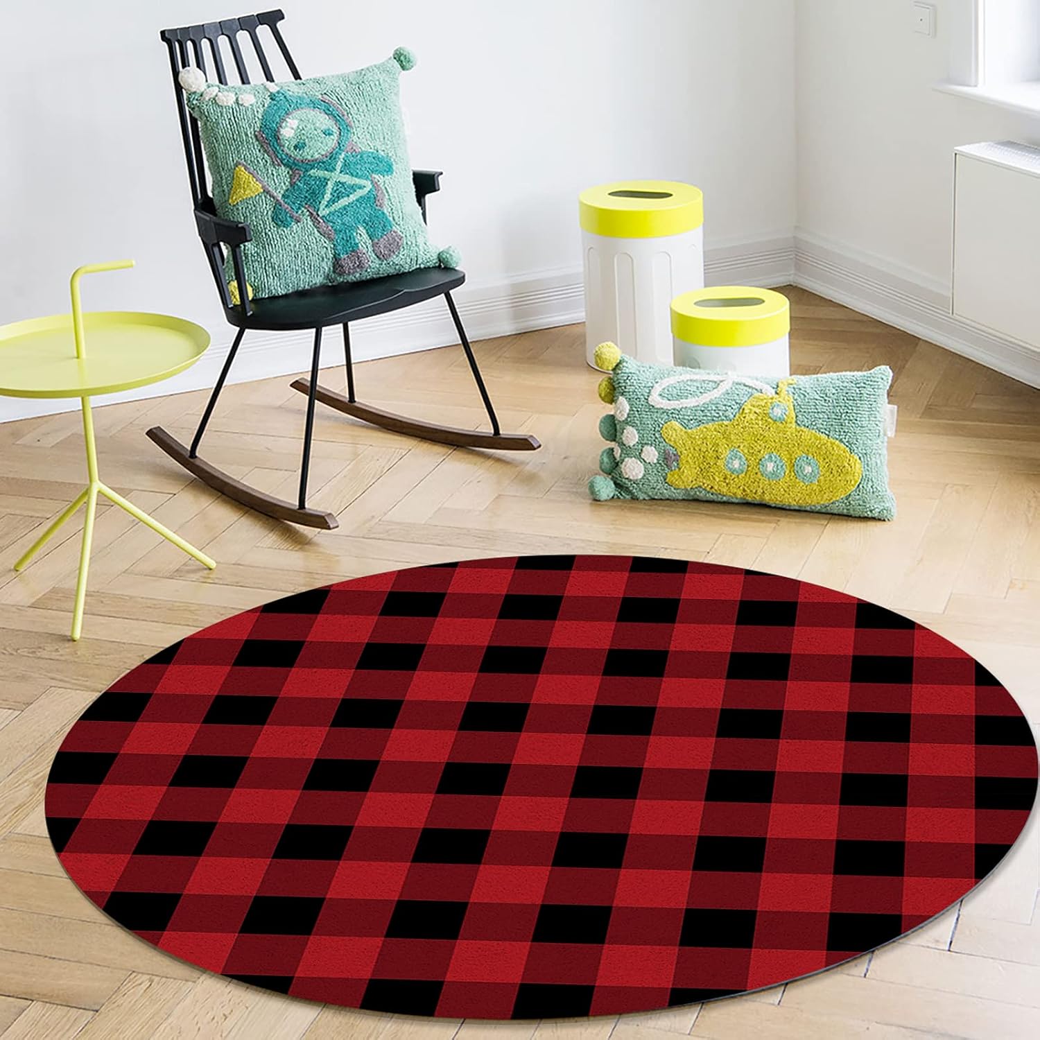 Valentine Round Area Rug 3ft Red and Black Buffalo Plaid Floor Carpets Washable Indoor Floor Area Mat Stain-Proof Mat Non-Skid Rugs for Living Room Dining Bedroom, Check Checkered Valentines Decor
