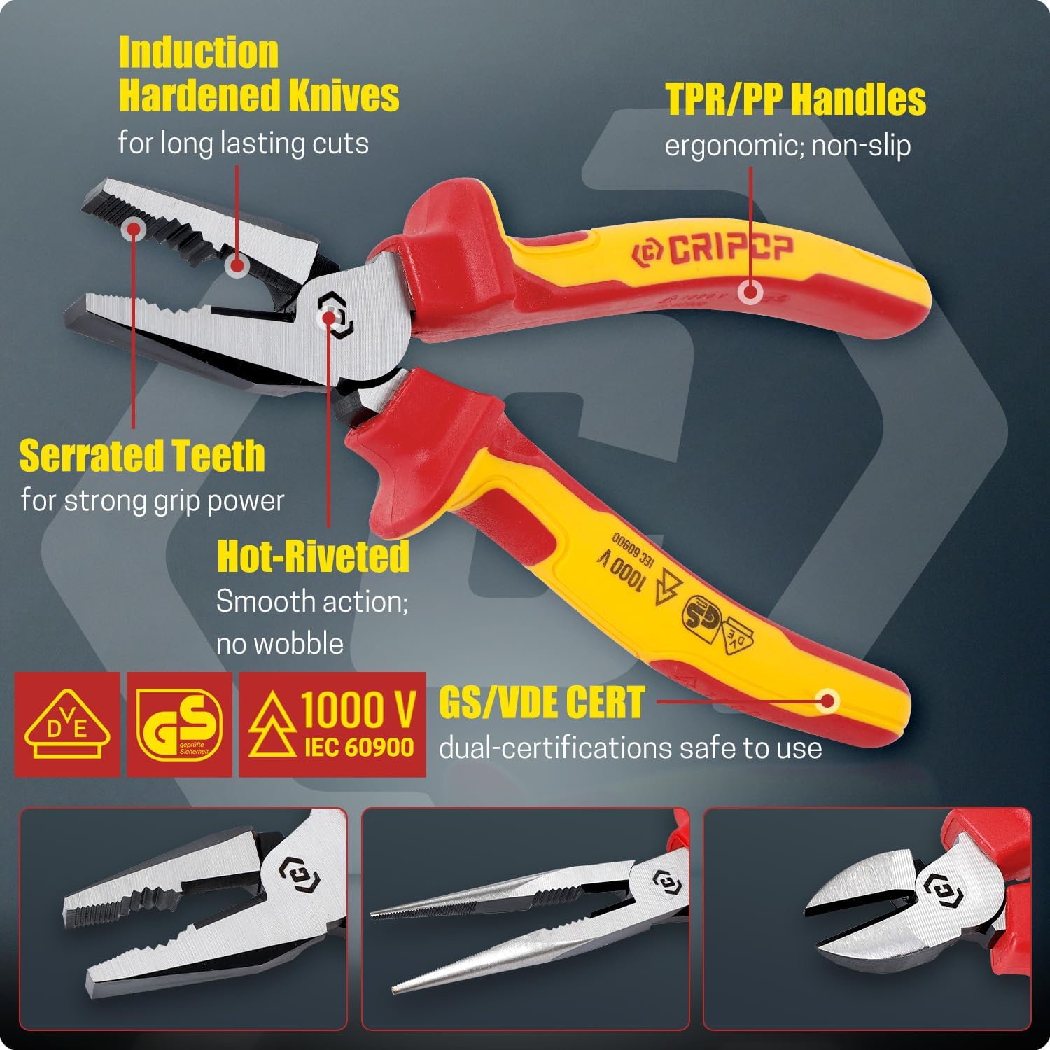 CRIPOP 5PCS VDE Insulated Pliers Tool Set,1000V Insulated Electrical Tools Kit,Includes 190mm Combination Plier - Image 2