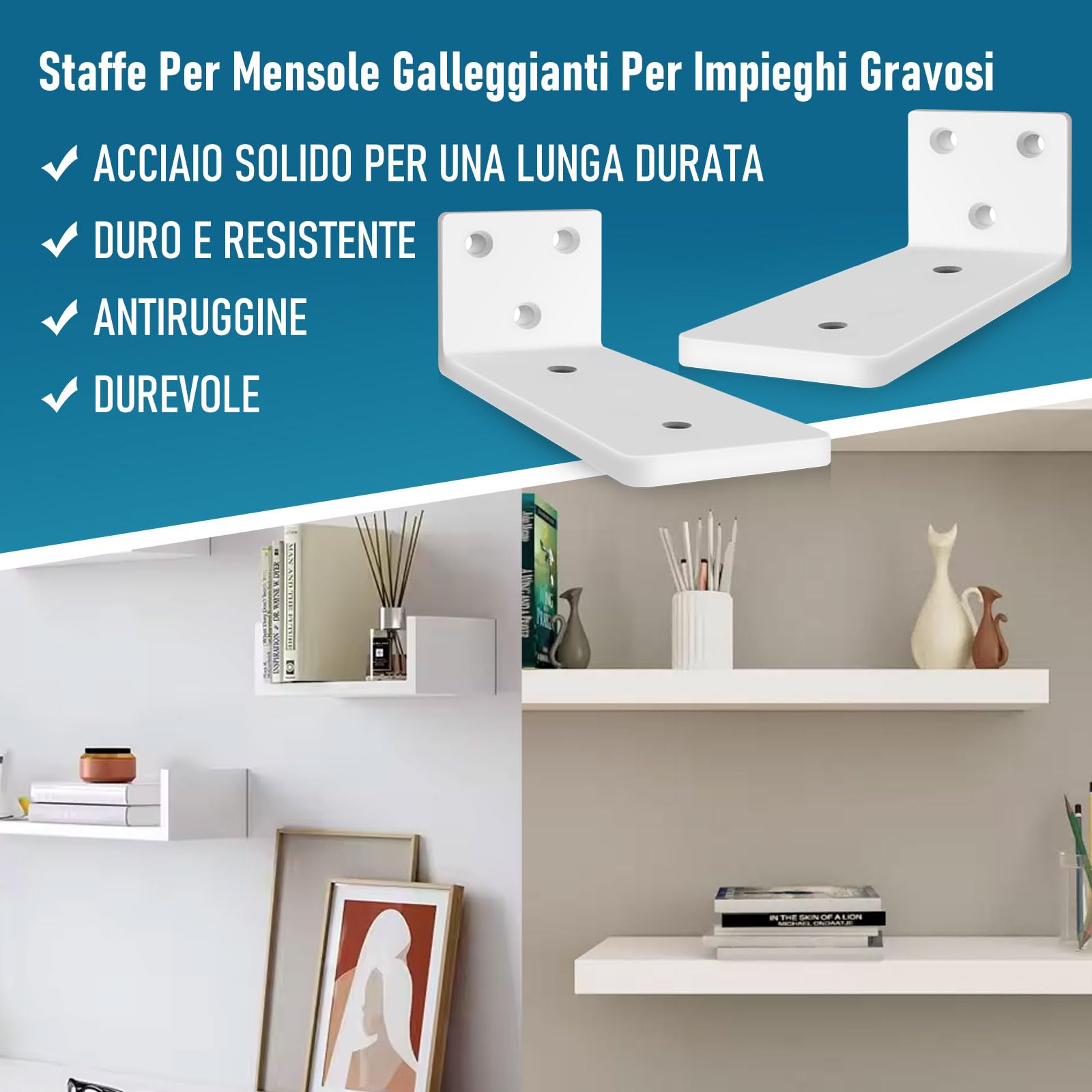 Staffe Per Mensole Galleggianti - 6 Pezzi, Portata 70kg, Bianco - Foto 5