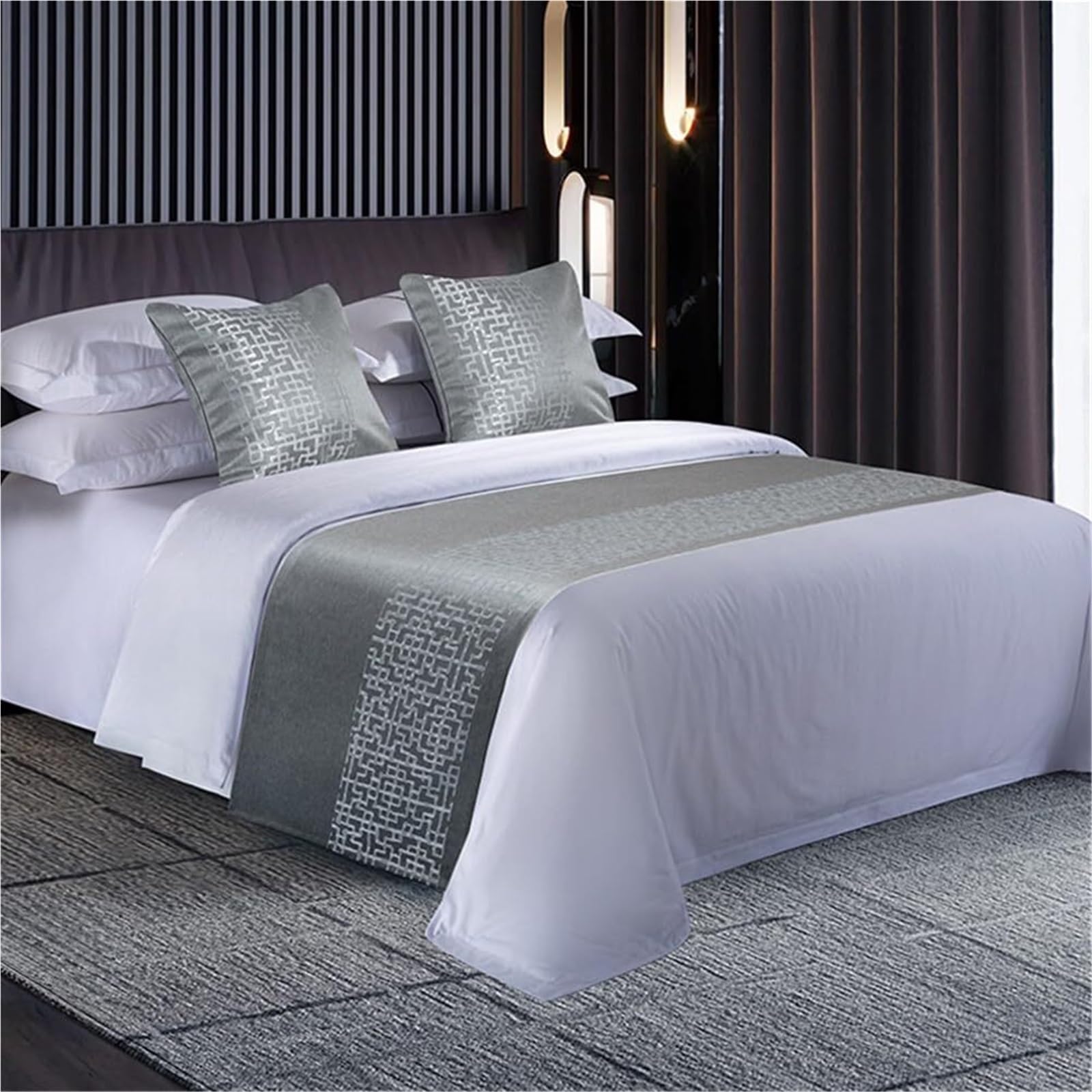 FAWFCJD Bed Runners And Matching Cushions Set, Bedroom Bedding Protection Decor Jacquard Bed Scarf Runner With 2 Cushion Covers Bed Runners Scarves Bedding Bed Towel(Grey,50x210cm)