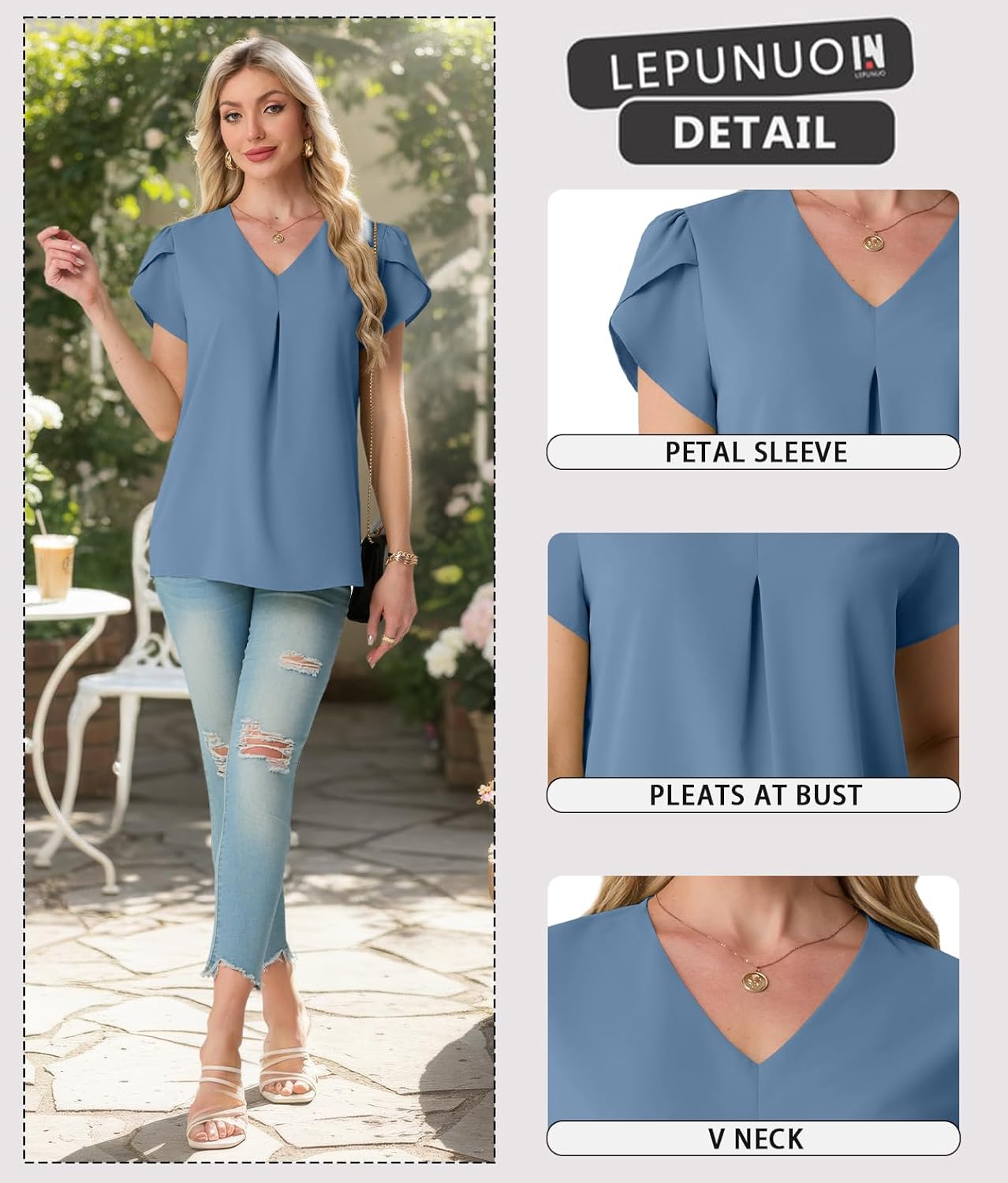 Lepunuo Womens Spring Tops Summer Dressy Casual V Neck Short Sleeve Blouses Flowy Shirts Business Work Tunic Tops - Image 3
