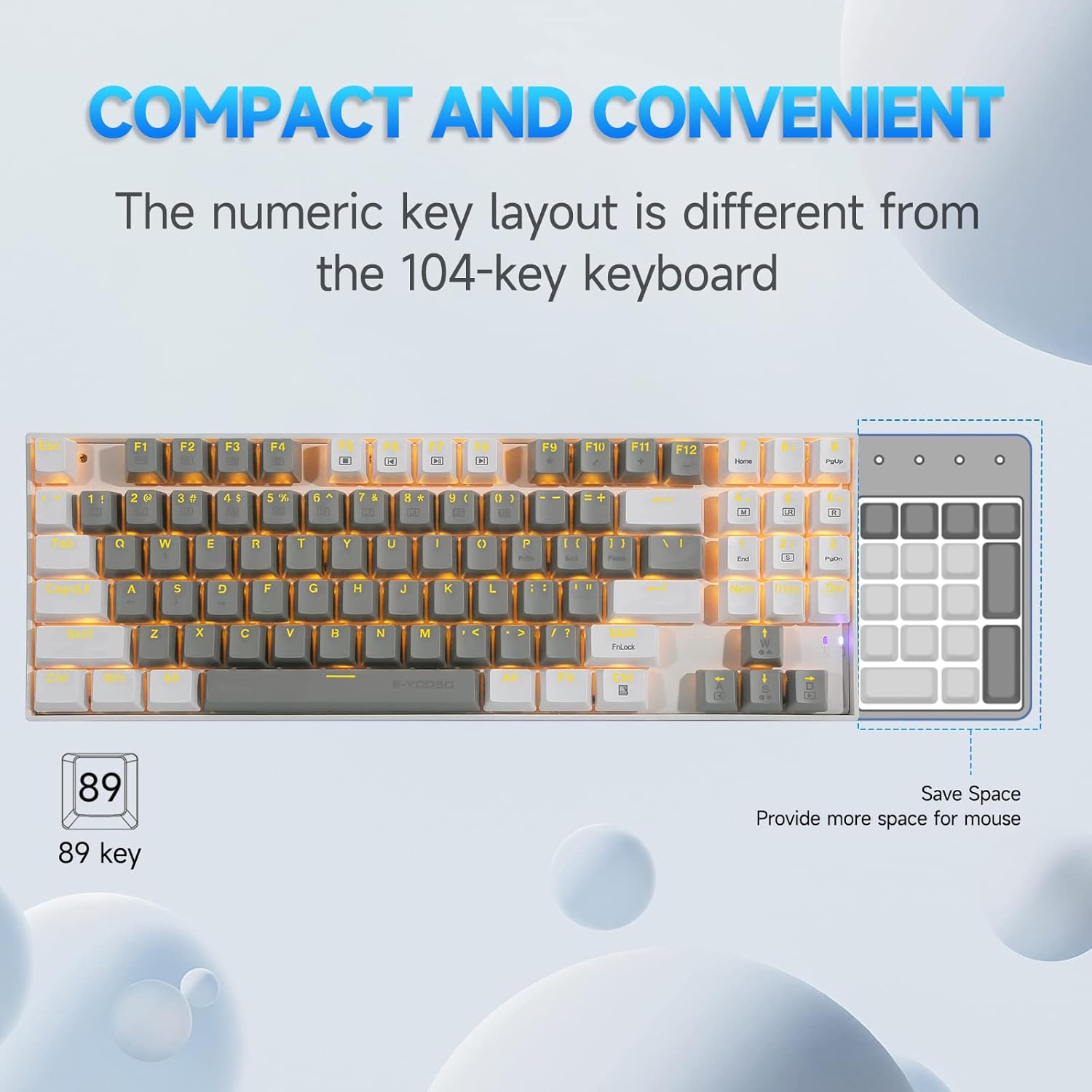 HUO JI E-YOOSO Z-13 Mechanical Gaming Keyboard Wired with Number Pad, LED Backlit, Linear Red Switch, Detachable USB-C Cable, Compact 89 Keys for Windows/Mac, Laptop/Computer (Grey White)