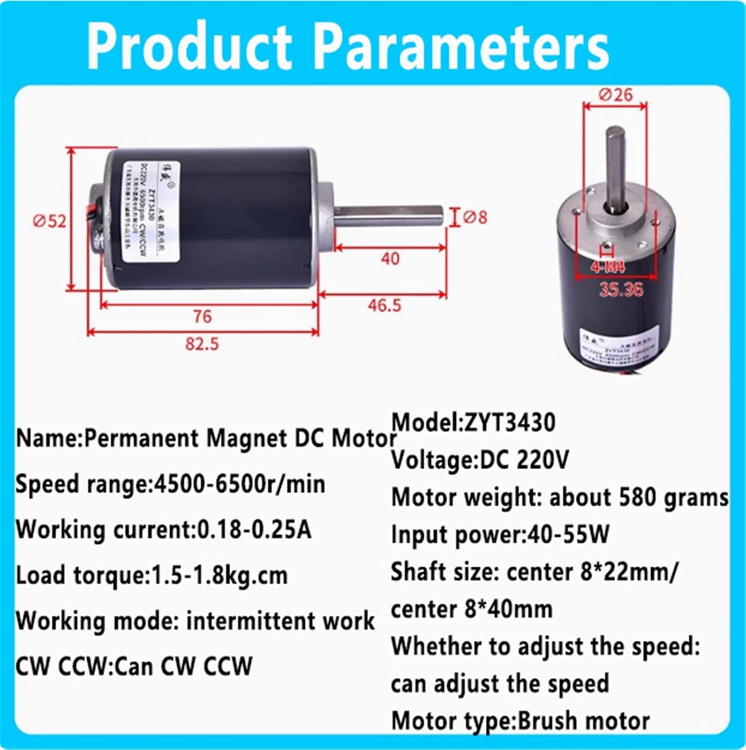 220V 40-55W Small DC Motor 3430 High Power Long Shaft Motor Belt Sander Speed Control High Speed Small Motor(Motor and Bracket,6500RPM,Shaft Length 40MM)