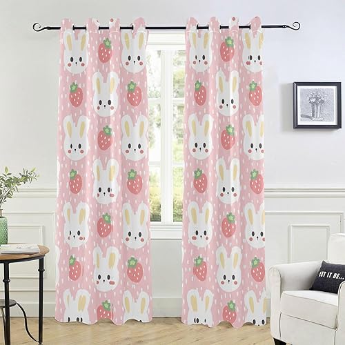 Bonito conejito blanco con fresa sobre cortinas rosadas de 84 pulgadas, cubierta de ventana negra para dormitorio, sala de estar, cortinas para