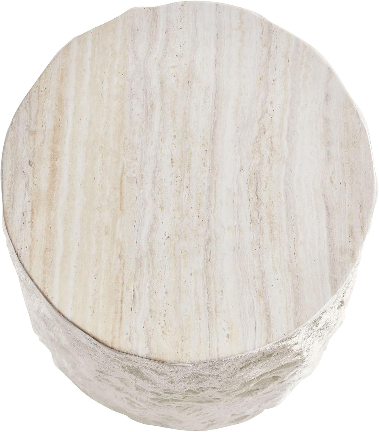 Modern White Nightstand, Round Fiberglass Side Table with Imitation Stone Design, 15.75" End Table