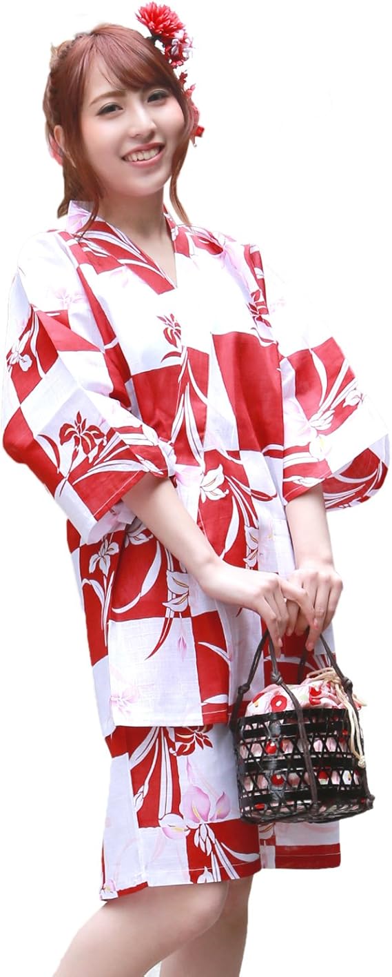 Amazon 甚平 レディース 紅白の市松地に菖蒲 M L 変わり織り女物甚平上下2点セット 白 甚平 通販